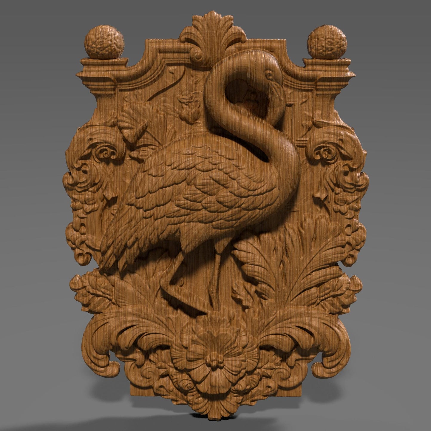 Highly detailed 3D STL relief carving of a flamingo standing elegantly amidst lush tropical foliage and flowers, framed within an ornate, baroque-inspired rectangular border. The design features intricate feather textures, layered botanical elements, and decorative scrollwork, making it ideal for CNC wood carving, laser engraving, or resin casting. Perfect as summer-themed wall art or a digital download for artistic decor and wildlife lovers.