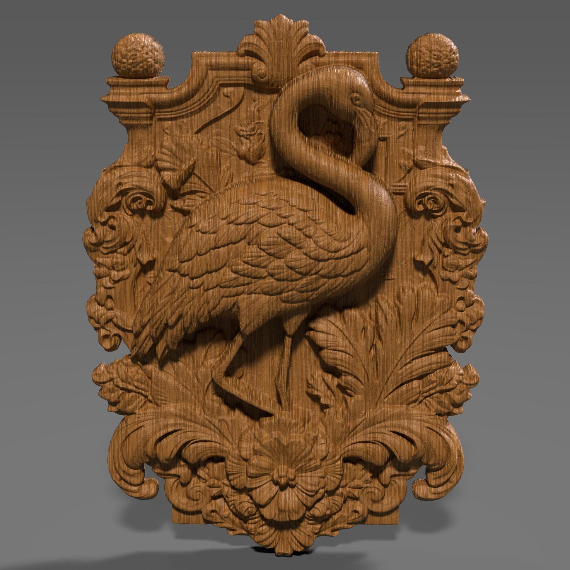 Highly detailed 3D STL relief carving of a flamingo standing elegantly amidst lush tropical foliage and flowers, framed within an ornate, baroque-inspired rectangular border. The design features intricate feather textures, layered botanical elements, and decorative scrollwork, making it ideal for CNC wood carving, laser engraving, or resin casting. Perfect as summer-themed wall art or a digital download for artistic decor and wildlife lovers.