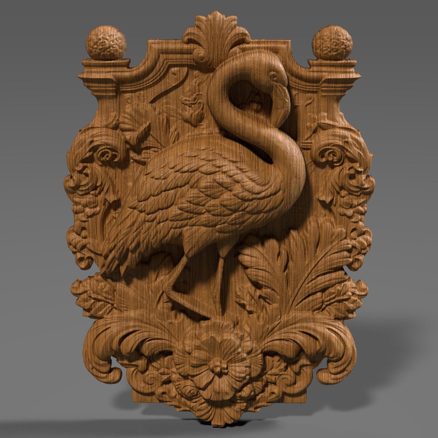 Highly detailed 3D STL relief carving of a flamingo standing elegantly amidst lush tropical foliage and flowers, framed within an ornate, baroque-inspired rectangular border. The design features intricate feather textures, layered botanical elements, and decorative scrollwork, making it ideal for CNC wood carving, laser engraving, or resin casting. Perfect as summer-themed wall art or a digital download for artistic decor and wildlife lovers.