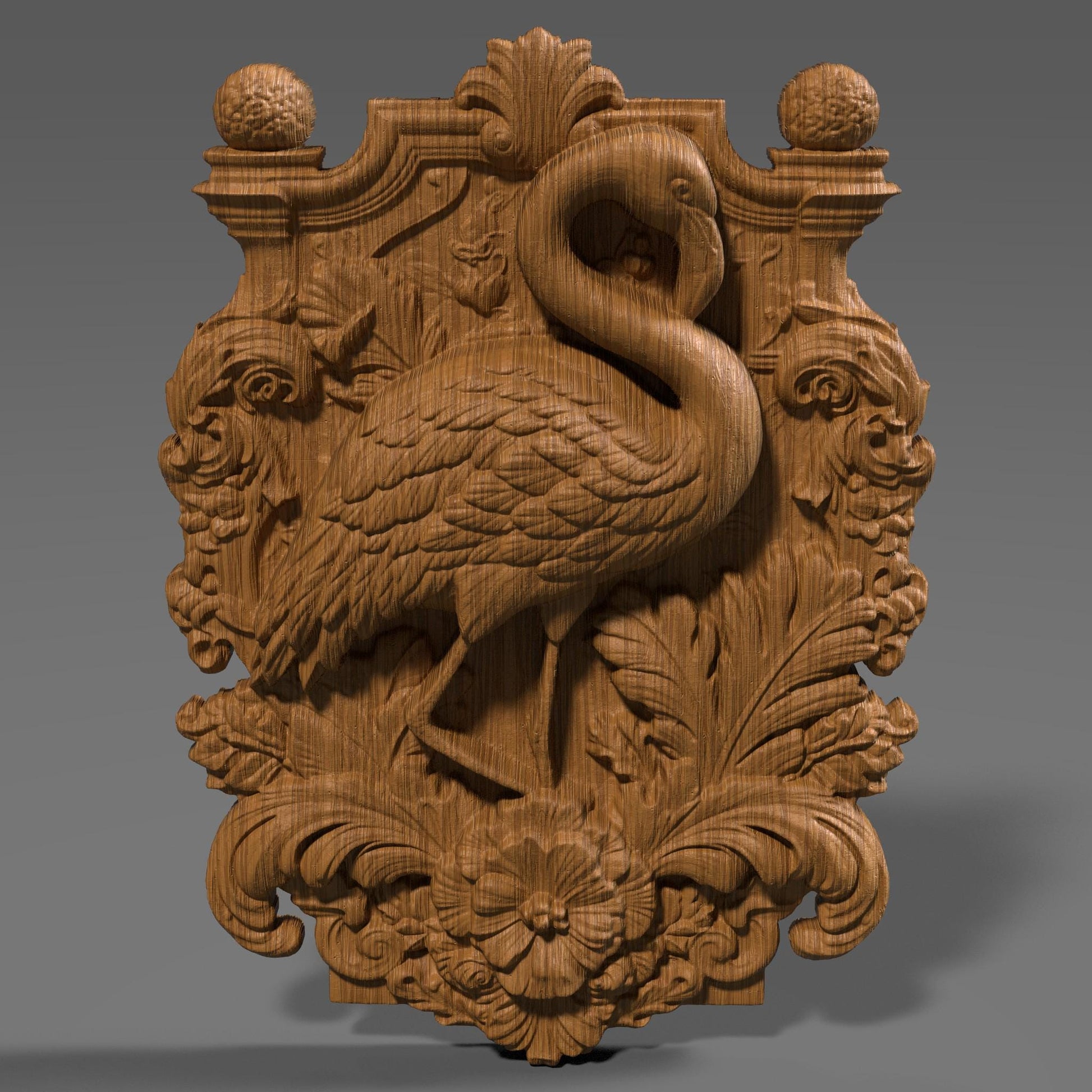 Highly detailed 3D STL relief carving of a flamingo standing elegantly amidst lush tropical foliage and flowers, framed within an ornate, baroque-inspired rectangular border. The design features intricate feather textures, layered botanical elements, and decorative scrollwork, making it ideal for CNC wood carving, laser engraving, or resin casting. Perfect as summer-themed wall art or a digital download for artistic decor and wildlife lovers.