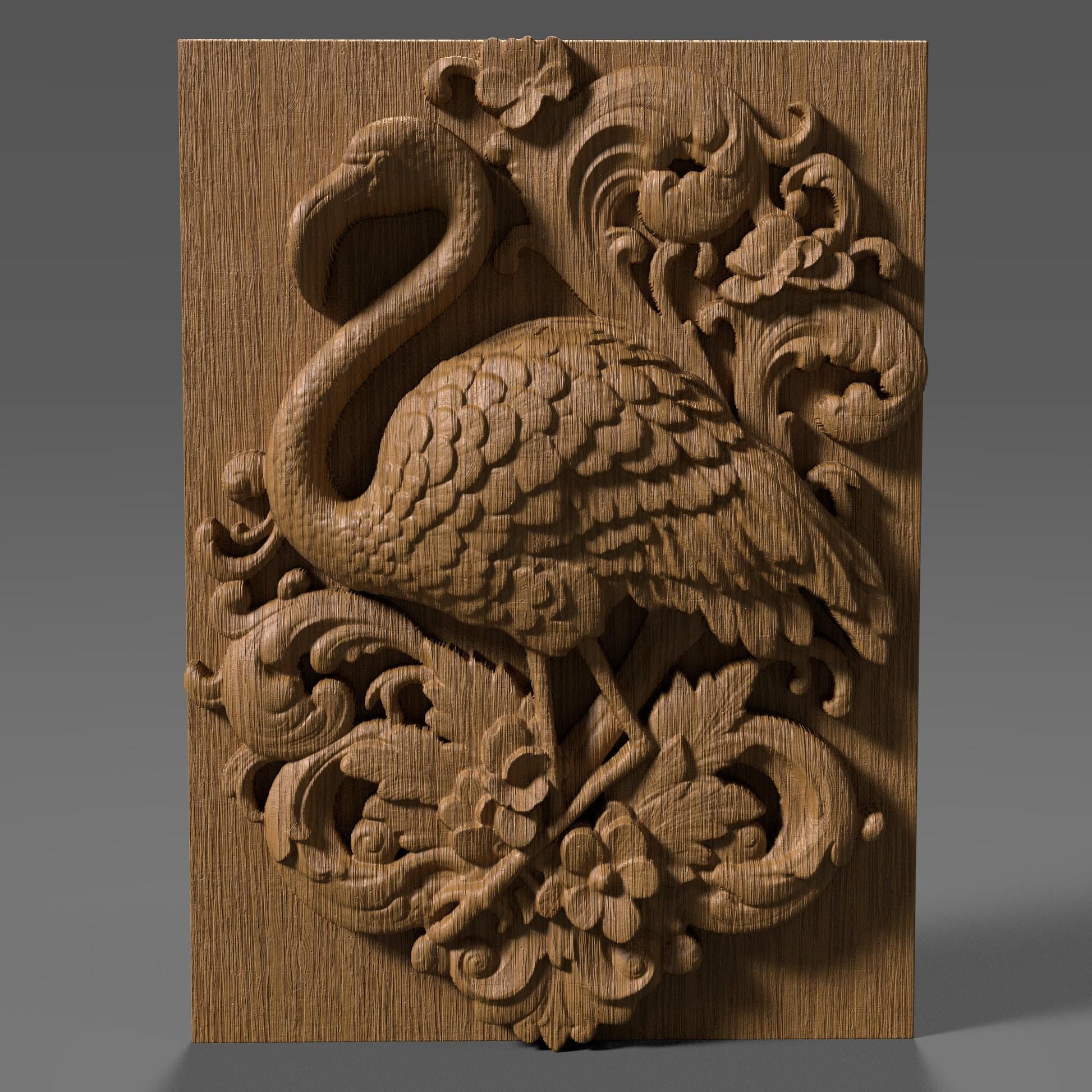 Highly detailed 3D STL relief carving of a flamingo standing elegantly amidst lush tropical foliage and flowers, framed within an ornate, baroque-inspired rectangular border. The design features intricate feather textures, layered botanical elements, and decorative scrollwork, making it ideal for CNC wood carving, laser engraving, or resin casting. Perfect as summer-themed wall art or a digital download for artistic decor and wildlife lovers.