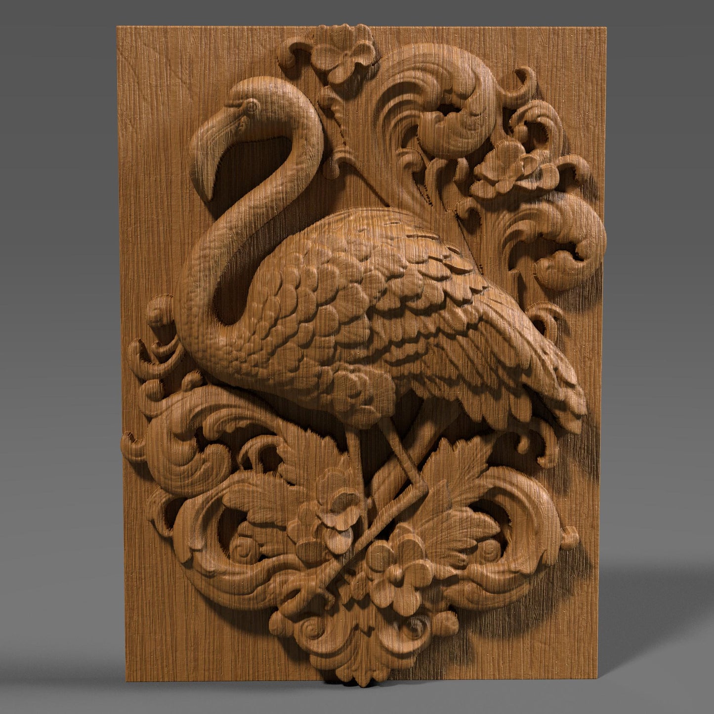 Highly detailed 3D STL relief carving of a flamingo standing elegantly amidst lush tropical foliage and flowers, framed within an ornate, baroque-inspired rectangular border. The design features intricate feather textures, layered botanical elements, and decorative scrollwork, making it ideal for CNC wood carving, laser engraving, or resin casting. Perfect as summer-themed wall art or a digital download for artistic decor and wildlife lovers.