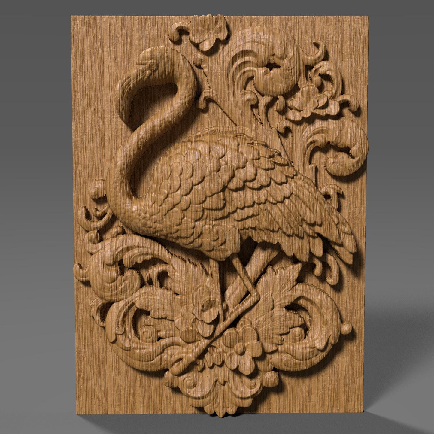 Highly detailed 3D STL relief carving of a flamingo standing elegantly amidst lush tropical foliage and flowers, framed within an ornate, baroque-inspired rectangular border. The design features intricate feather textures, layered botanical elements, and decorative scrollwork, making it ideal for CNC wood carving, laser engraving, or resin casting. Perfect as summer-themed wall art or a digital download for artistic decor and wildlife lovers.