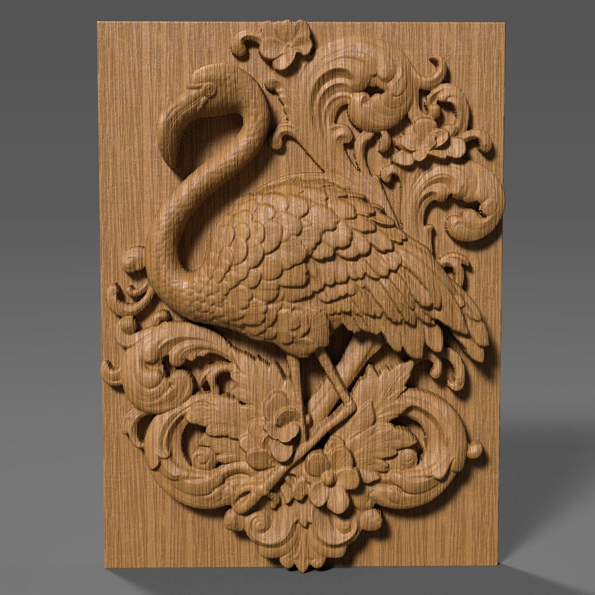 Highly detailed 3D STL relief carving of a flamingo standing elegantly amidst lush tropical foliage and flowers, framed within an ornate, baroque-inspired rectangular border. The design features intricate feather textures, layered botanical elements, and decorative scrollwork, making it ideal for CNC wood carving, laser engraving, or resin casting. Perfect as summer-themed wall art or a digital download for artistic decor and wildlife lovers.