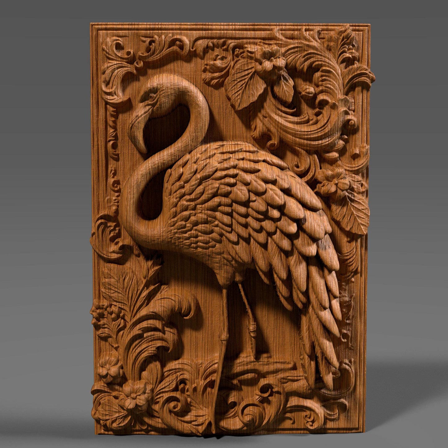 Highly detailed 3D STL relief carving of a flamingo standing elegantly amidst lush tropical foliage and flowers, framed within an ornate, baroque-inspired rectangular border. The design features intricate feather textures, layered botanical elements, and decorative scrollwork, making it ideal for CNC wood carving, laser engraving, or resin casting. Perfect as summer-themed wall art or a digital download for artistic decor and wildlife lovers.