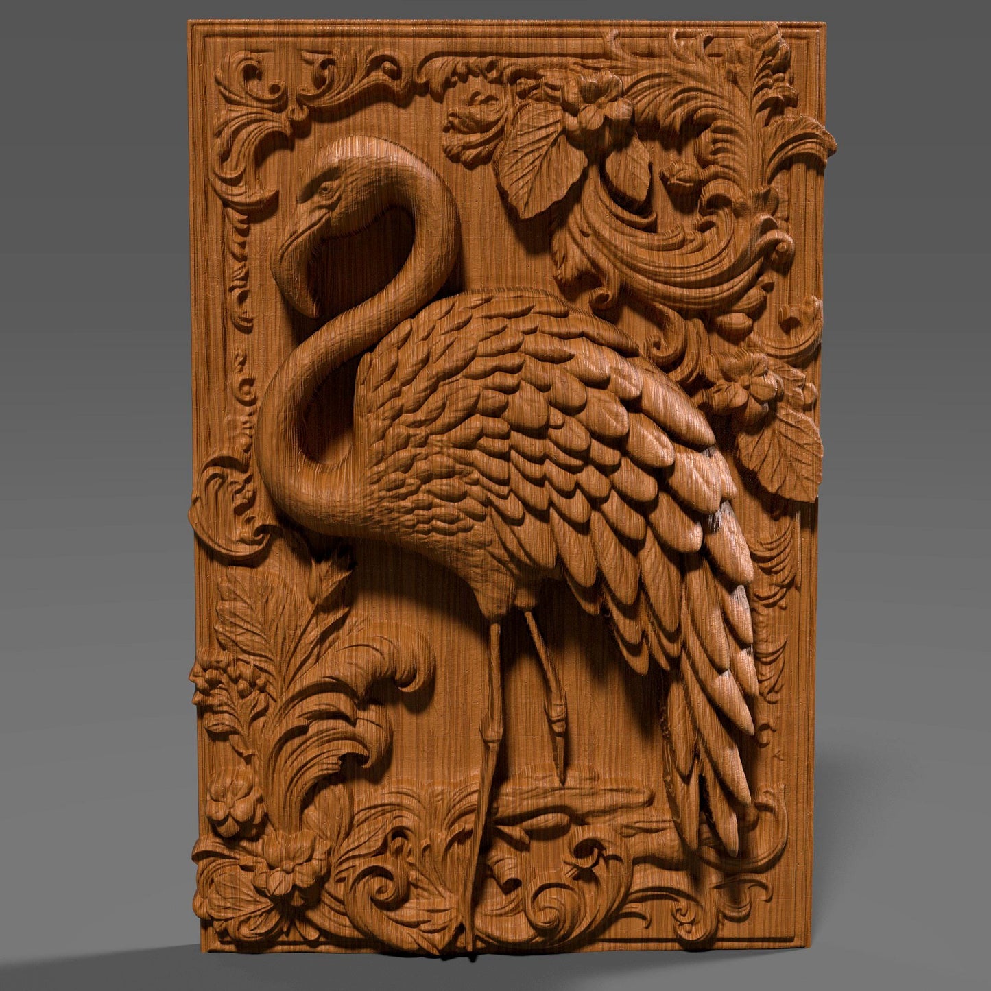 Highly detailed 3D STL relief carving of a flamingo standing elegantly amidst lush tropical foliage and flowers, framed within an ornate, baroque-inspired rectangular border. The design features intricate feather textures, layered botanical elements, and decorative scrollwork, making it ideal for CNC wood carving, laser engraving, or resin casting. Perfect as summer-themed wall art or a digital download for artistic decor and wildlife lovers.