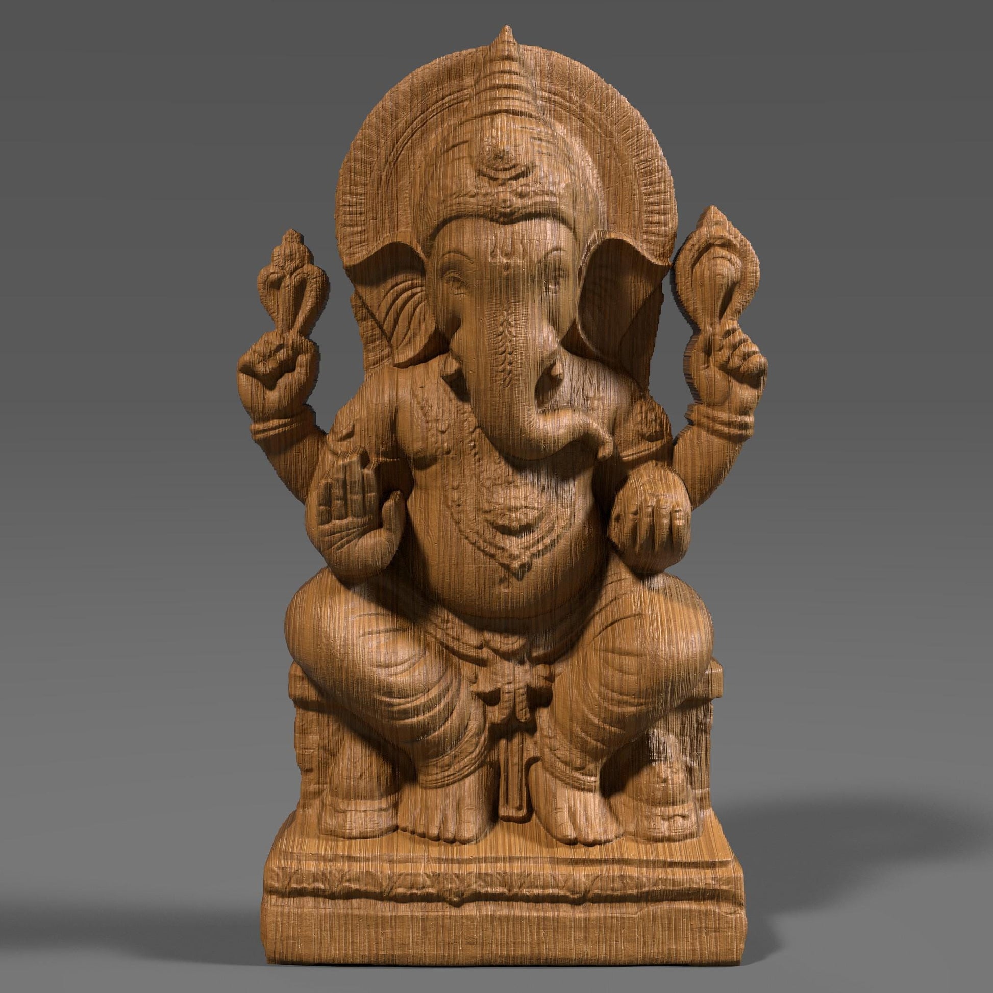 High-resolution 3D STL model of Lord Ganesha depicted in a seated posture, intricately designed for 3D printing, laser engraving, and CNC wood carving. This digital bas relief sculpture showcases fine details including traditional ornaments, headgear, and symbolic hand mudras. Ideal for creating spiritual wall panels, Hindu temple decor, or devotional gifts. Suitable for wood, resin, stone, or acrylic carving. Perfect for artisans, hobbyists, or religious décor creators.