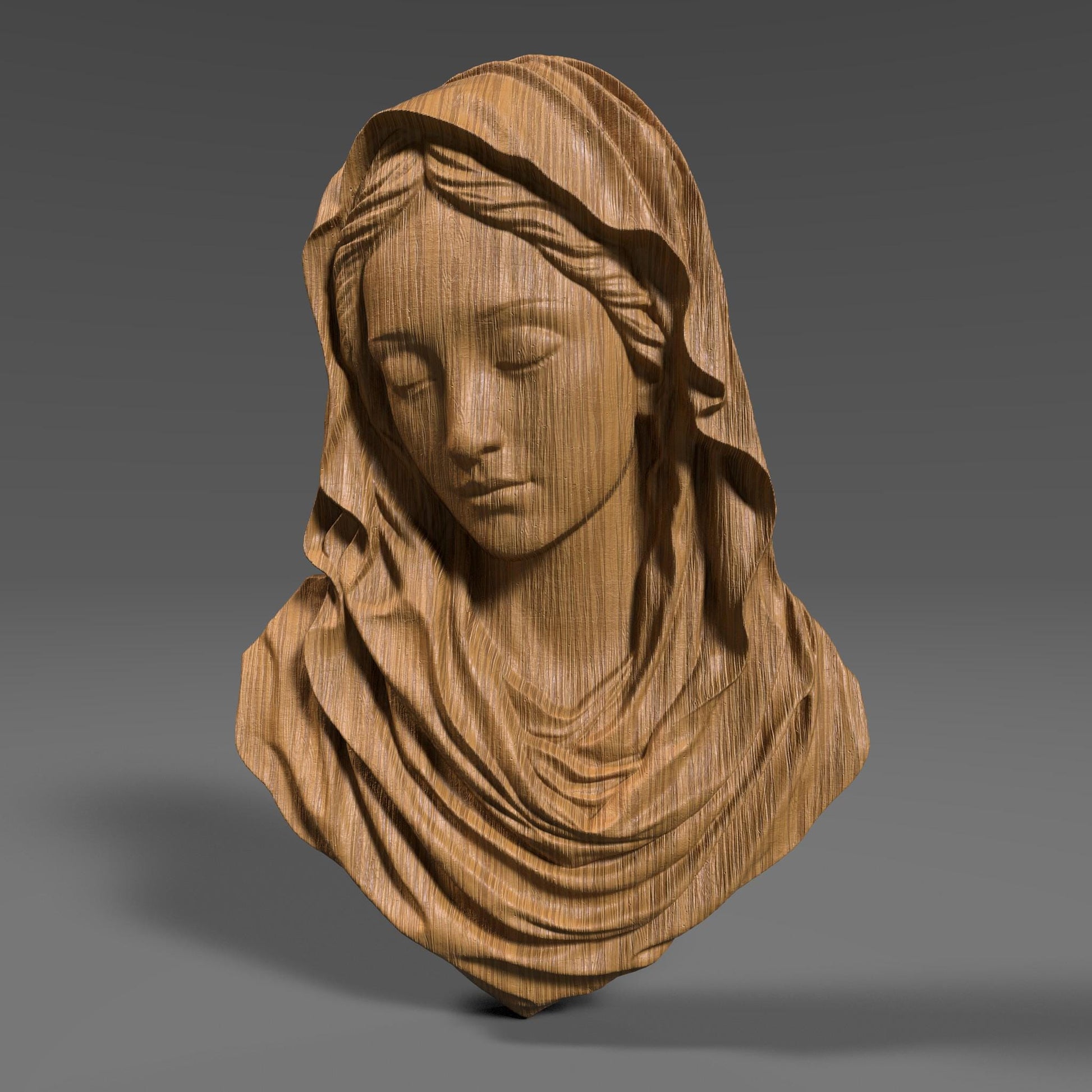 3D wood carving of the Virgin Mary with a serene, downward gaze, sculpted in a smooth bas relief style. The figure wears a flowing hooded robe, with delicate details around the face and folds of the fabric. Rendered in a natural wood texture, this digital model is ideal for CNC carving, laser engraving, and 3D printing. A symbolic and spiritual piece representing purity and devotion, perfect for religious wall art, Catholic decor, and Easter or Christmas gifts.