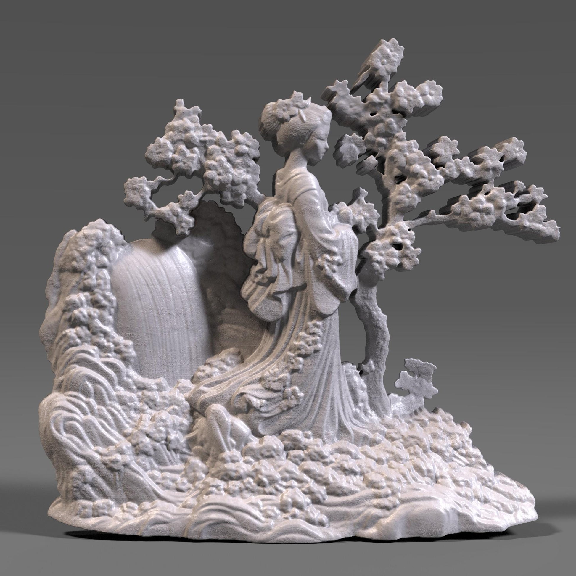 Cherry Blossom Geisha 3D STL: Japanese Wood Carving Art (Digital Download)