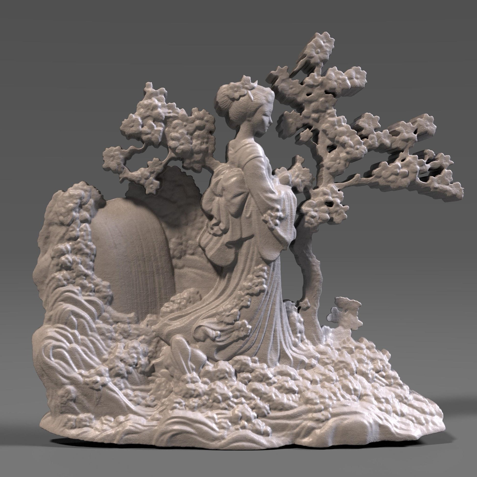 Cherry Blossom Geisha 3D STL: Japanese Wood Carving Art (Digital Download)