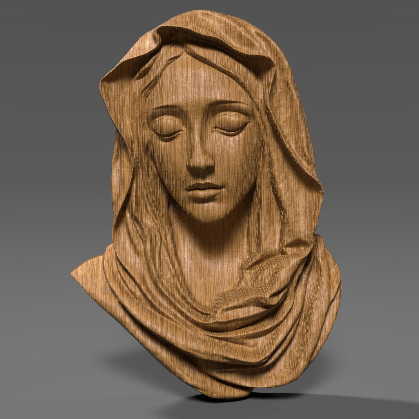 3D wood carving of the Virgin Mary with a serene, downward gaze, sculpted in a smooth bas relief style. The figure wears a flowing hooded robe, with delicate details around the face and folds of the fabric. Rendered in a natural wood texture, this digital model is ideal for CNC carving, laser engraving, and 3D printing. A symbolic and spiritual piece representing purity and devotion, perfect for religious wall art, Catholic decor, and Easter or Christmas gifts.