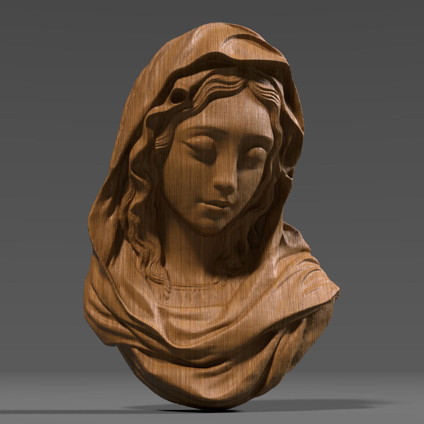 3D wood carving of the Virgin Mary with a serene, downward gaze, sculpted in a smooth bas relief style. The figure wears a flowing hooded robe, with delicate details around the face and folds of the fabric. Rendered in a natural wood texture, this digital model is ideal for CNC carving, laser engraving, and 3D printing. A symbolic and spiritual piece representing purity and devotion, perfect for religious wall art, Catholic decor, and Easter or Christmas gifts.