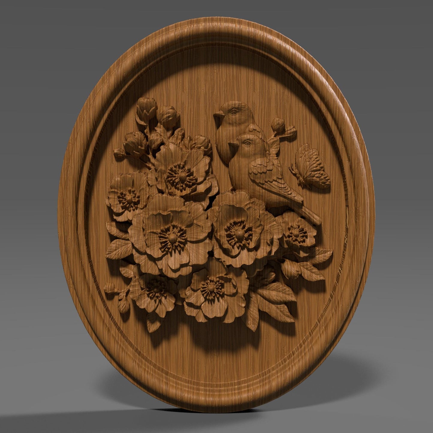 Intricate 3D bas relief of two birds resting among blooming cherry blossom flowers, surrounded by detailed leaves and a butterfly, all enclosed in a smooth oval frame. Designed for CNC wood carving, laser engraving, and digital download for nature-inspired home decor