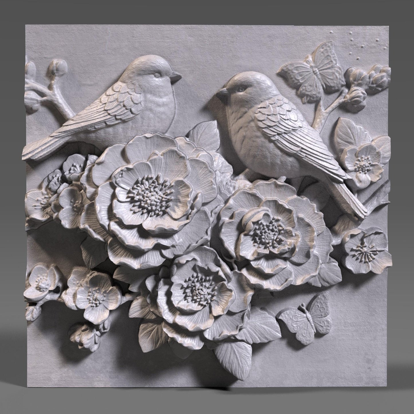 Cherry Blossom Birds 3D Relief STL File: Floral CNC Carving (Digital Download)
