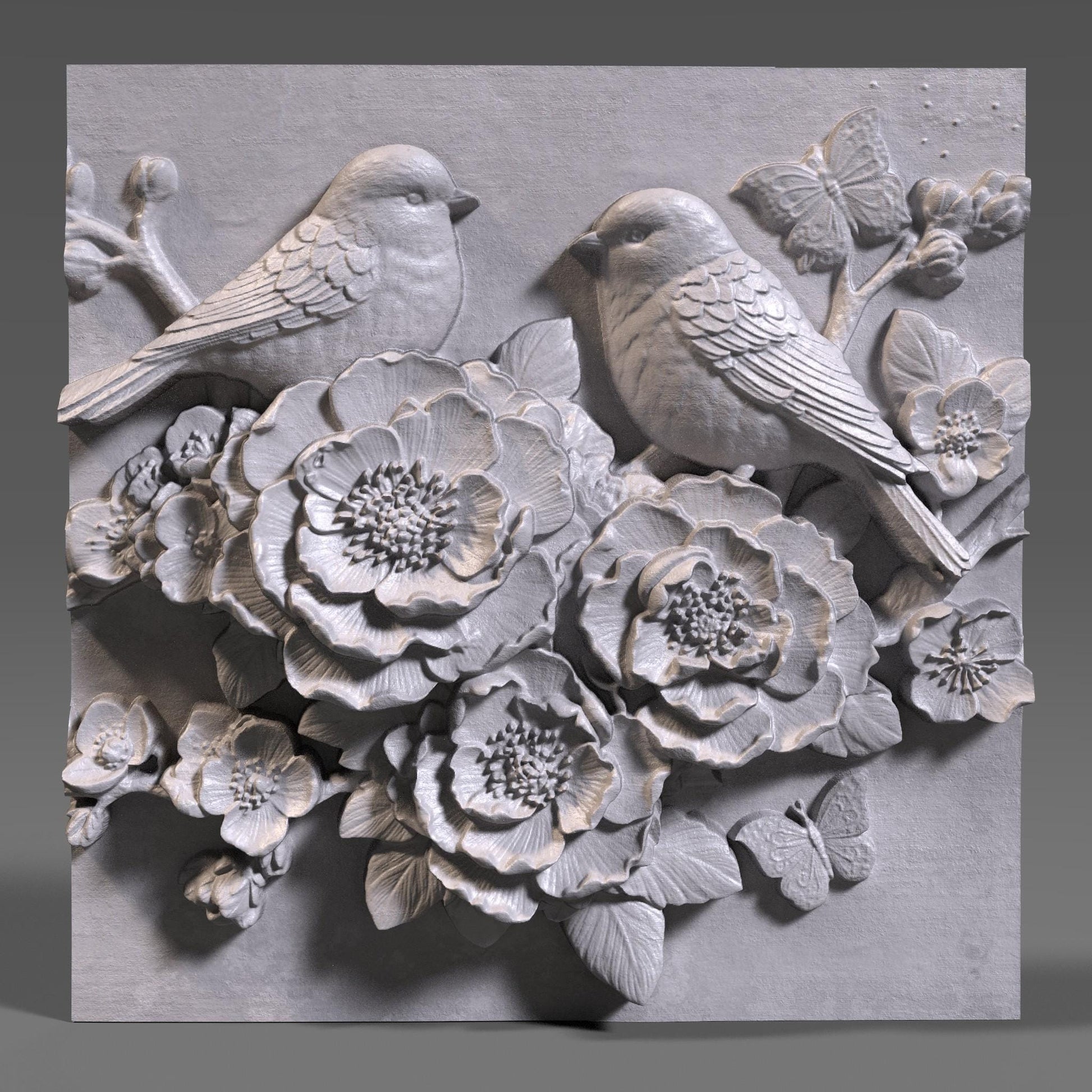 Cherry Blossom Birds 3D Relief STL File: Floral CNC Carving (Digital Download)