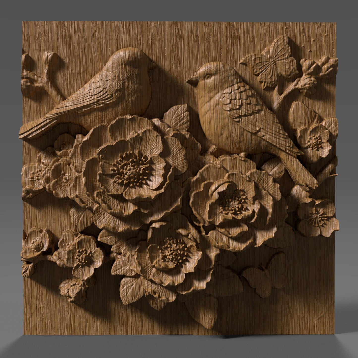 Cherry Blossom Birds 3D Relief STL File: Floral CNC Carving (Digital Download)