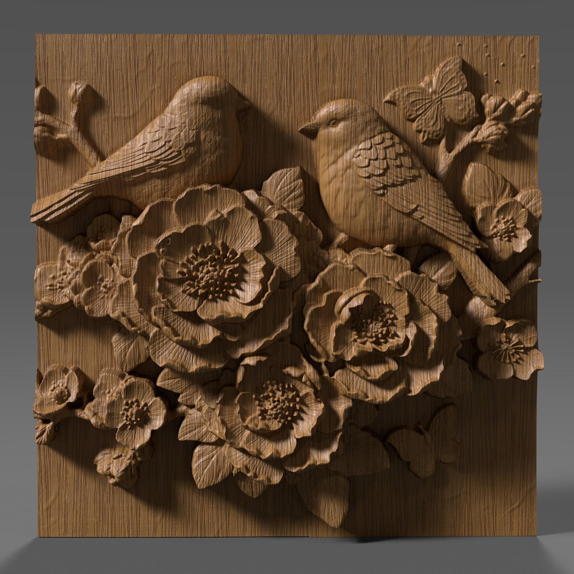 Cherry Blossom Birds 3D Relief STL File: Floral CNC Carving (Digital Download)