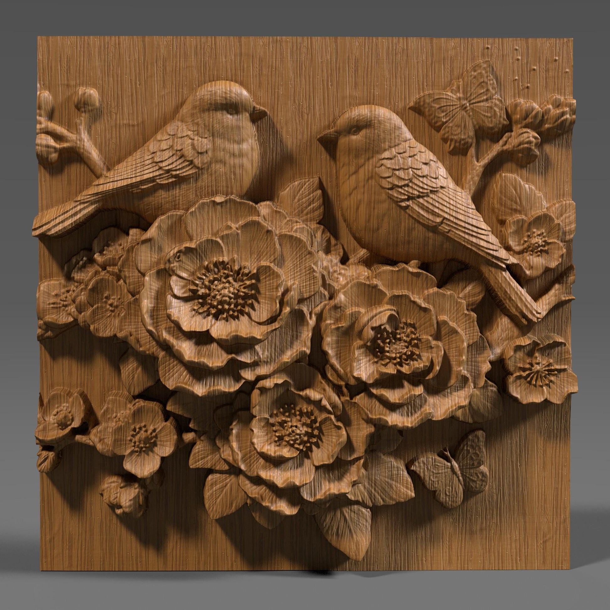 Intricate 3D bas relief of two birds resting among blooming cherry blossom flowers, surrounded by detailed leaves and a butterfly, all enclosed in a smooth oval frame. Designed for CNC wood carving, laser engraving, and digital download for nature-inspired home decor