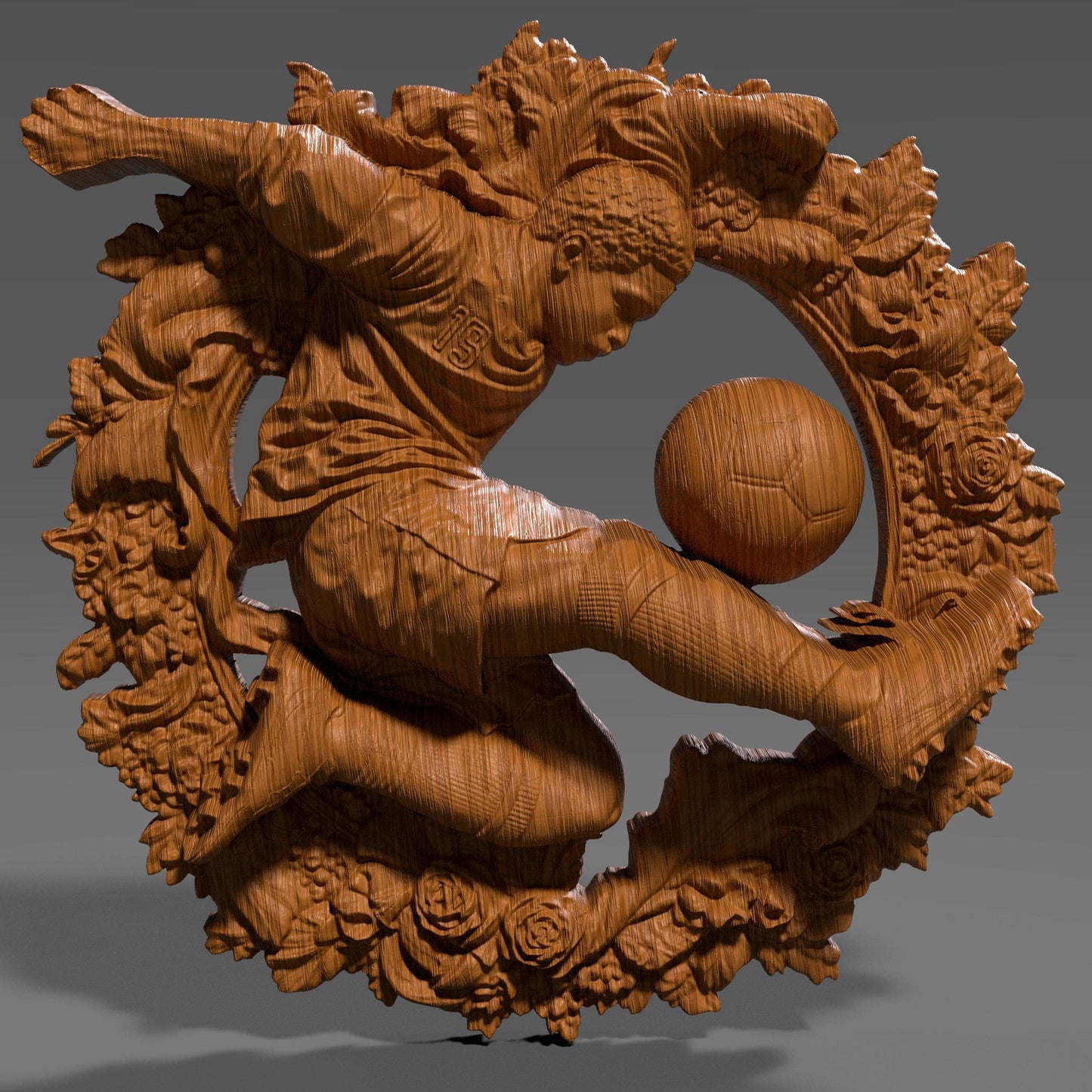 3D bas relief artwork of a dynamic male soccer player performing a powerful kick, surrounded by an ornate circular floral wreath. The athlete wears a jersey with the number 19 and is depicted mid-action with intense focus, about to strike a classic paneled soccer ball. The sculpted frame features detailed roses, leaves, and natural elements, all rendered in a carved wood finish. Ideal for CNC carving, laser engraving, or sports-themed wall decor.