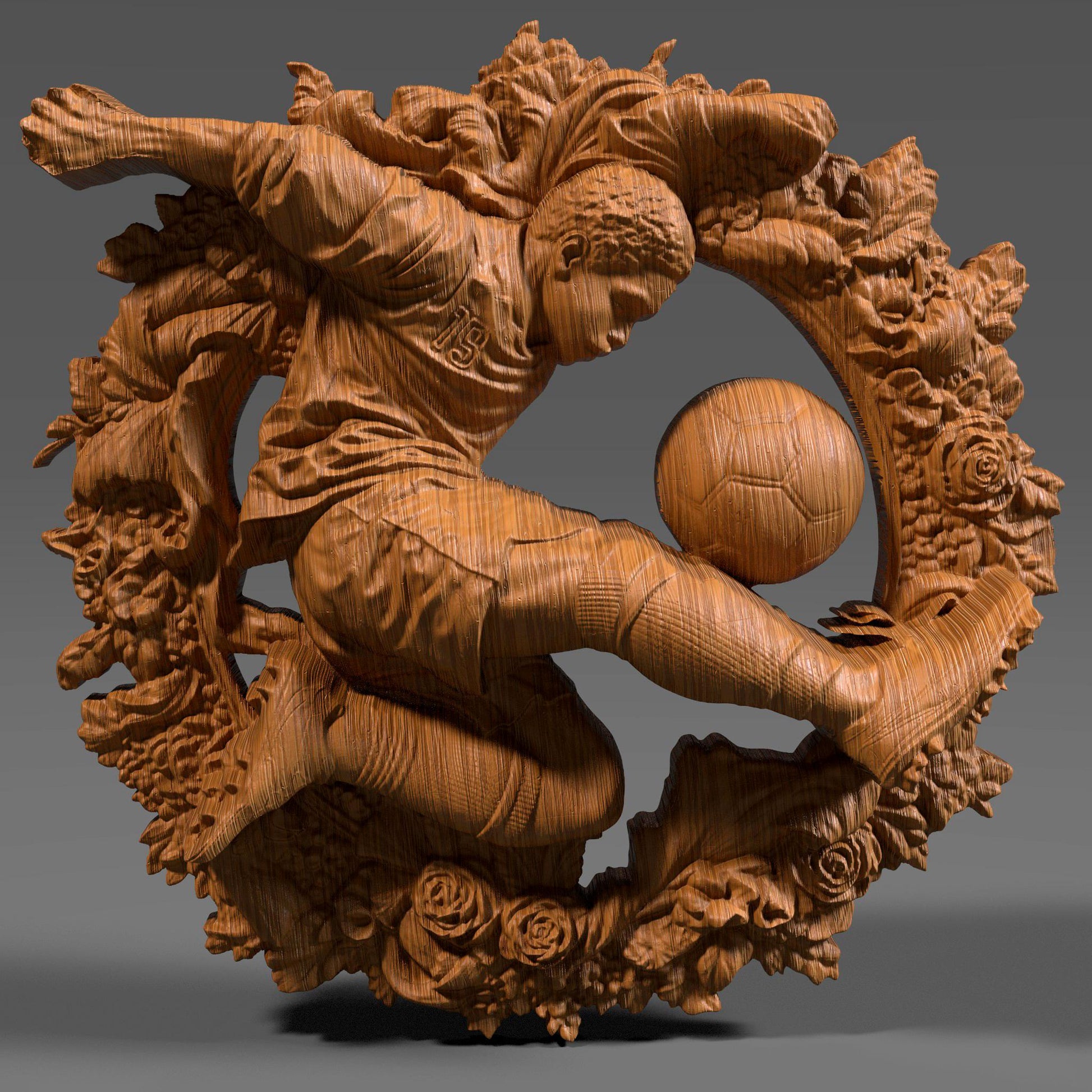 3D bas relief artwork of a dynamic male soccer player performing a powerful kick, surrounded by an ornate circular floral wreath. The athlete wears a jersey with the number 19 and is depicted mid-action with intense focus, about to strike a classic paneled soccer ball. The sculpted frame features detailed roses, leaves, and natural elements, all rendered in a carved wood finish. Ideal for CNC carving, laser engraving, or sports-themed wall decor.