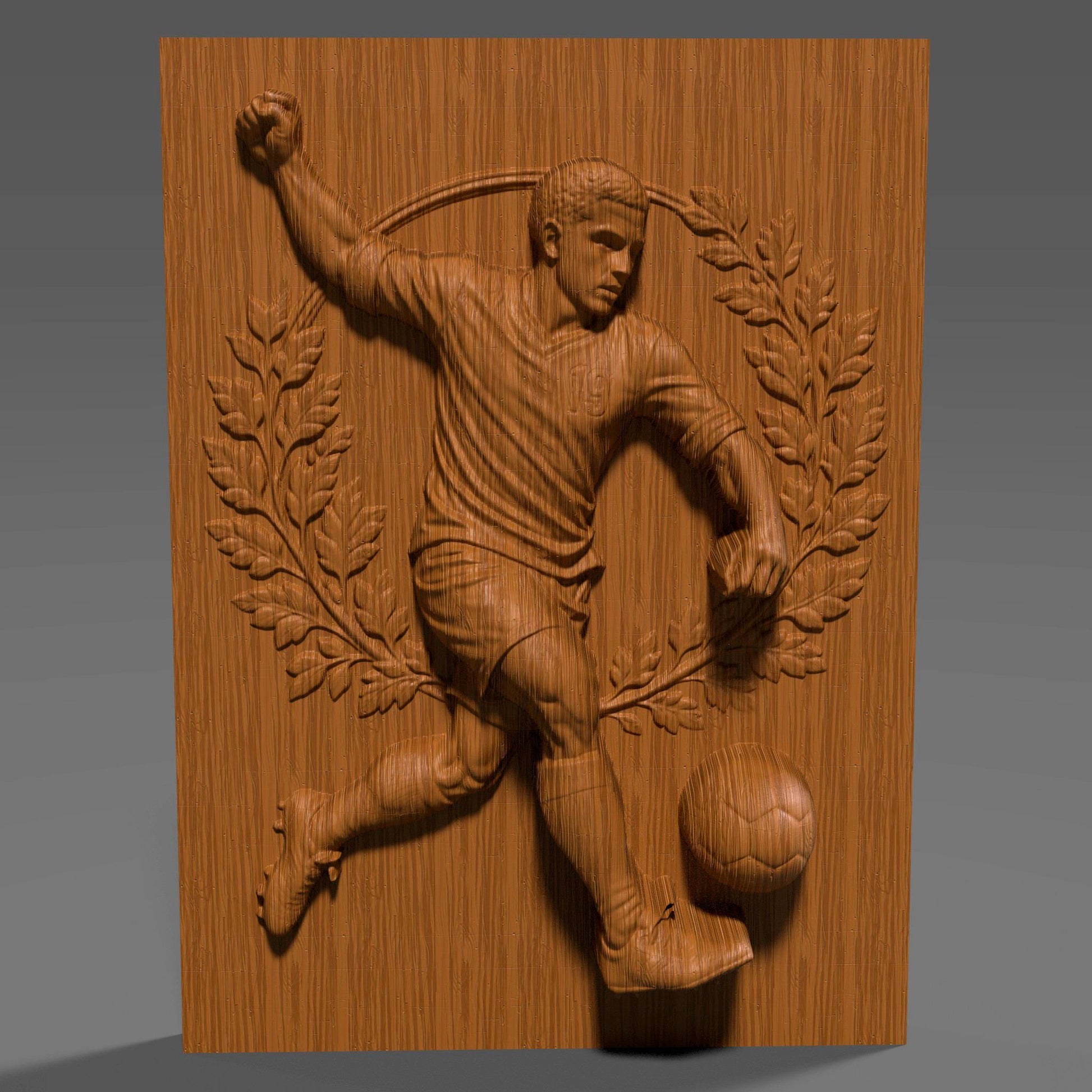 3D bas relief artwork of a dynamic male soccer player performing a powerful kick, surrounded by an ornate circular floral wreath. The athlete wears a jersey with the number 19 and is depicted mid-action with intense focus, about to strike a classic paneled soccer ball. The sculpted frame features detailed roses, leaves, and natural elements, all rendered in a carved wood finish. Ideal for CNC carving, laser engraving, or sports-themed wall decor.