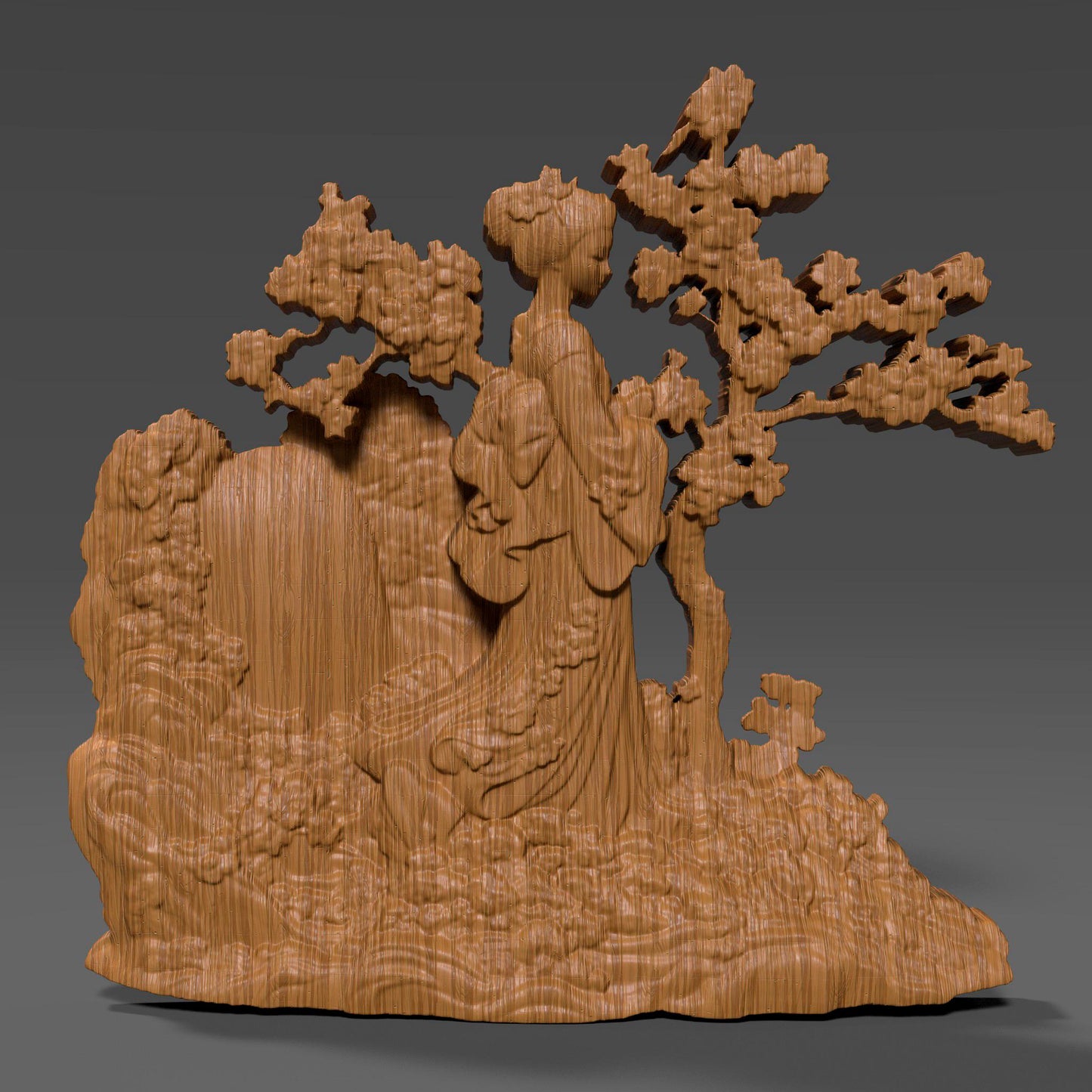 Elegant 3D wood bas relief of a Geisha standing beneath blooming cherry blossom trees near a cascading waterfall. The graceful female figure in traditional Japanese kimono is surrounded by swirling clouds and nature elements, symbolizing peace, beauty, and spring. Ideal for laser engraving, CNC carving, and wall art décor. Digital STL file for Asian-inspired decorative projects or gifts.