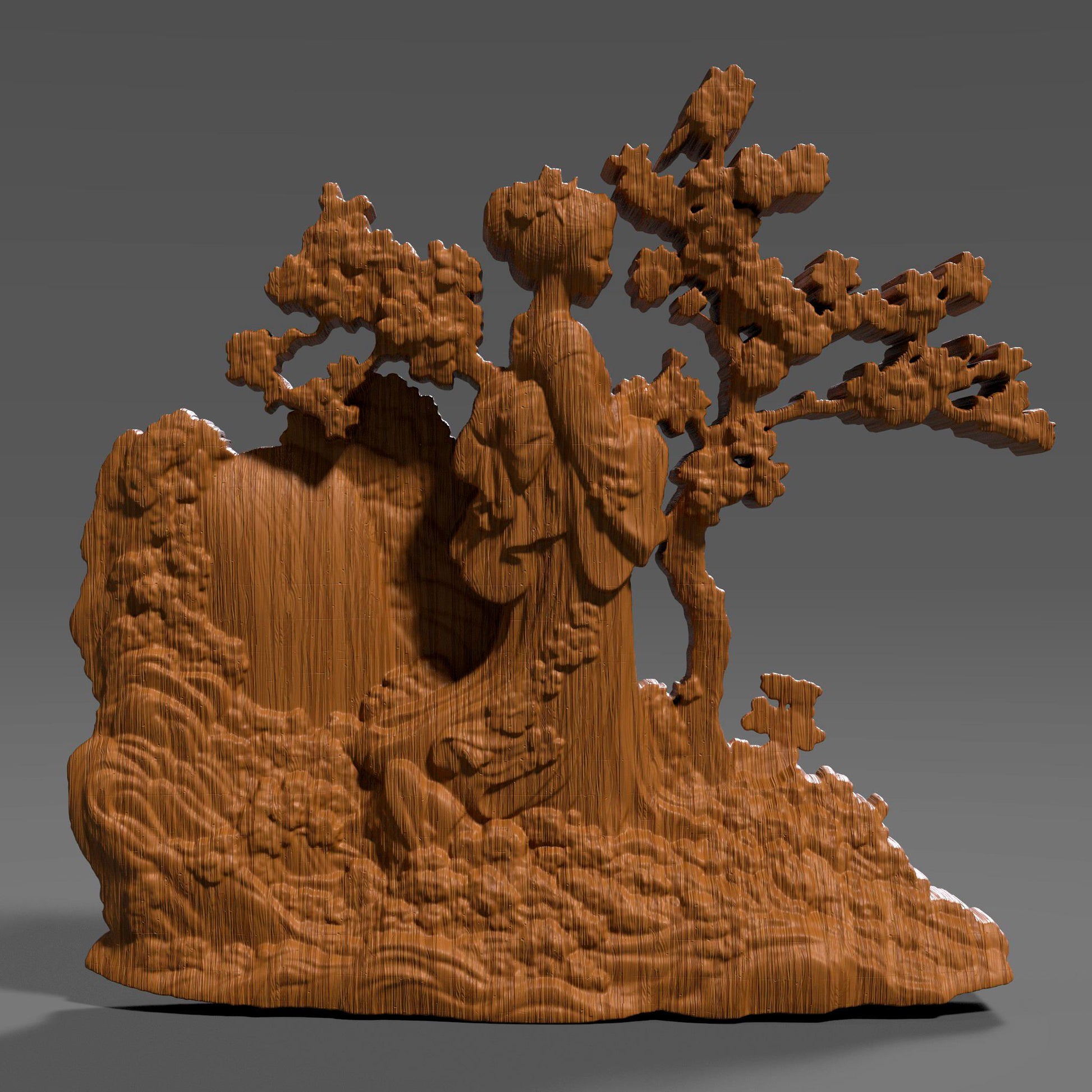 Elegant 3D wood bas relief of a Geisha standing beneath blooming cherry blossom trees near a cascading waterfall. The graceful female figure in traditional Japanese kimono is surrounded by swirling clouds and nature elements, symbolizing peace, beauty, and spring. Ideal for laser engraving, CNC carving, and wall art décor. Digital STL file for Asian-inspired decorative projects or gifts.