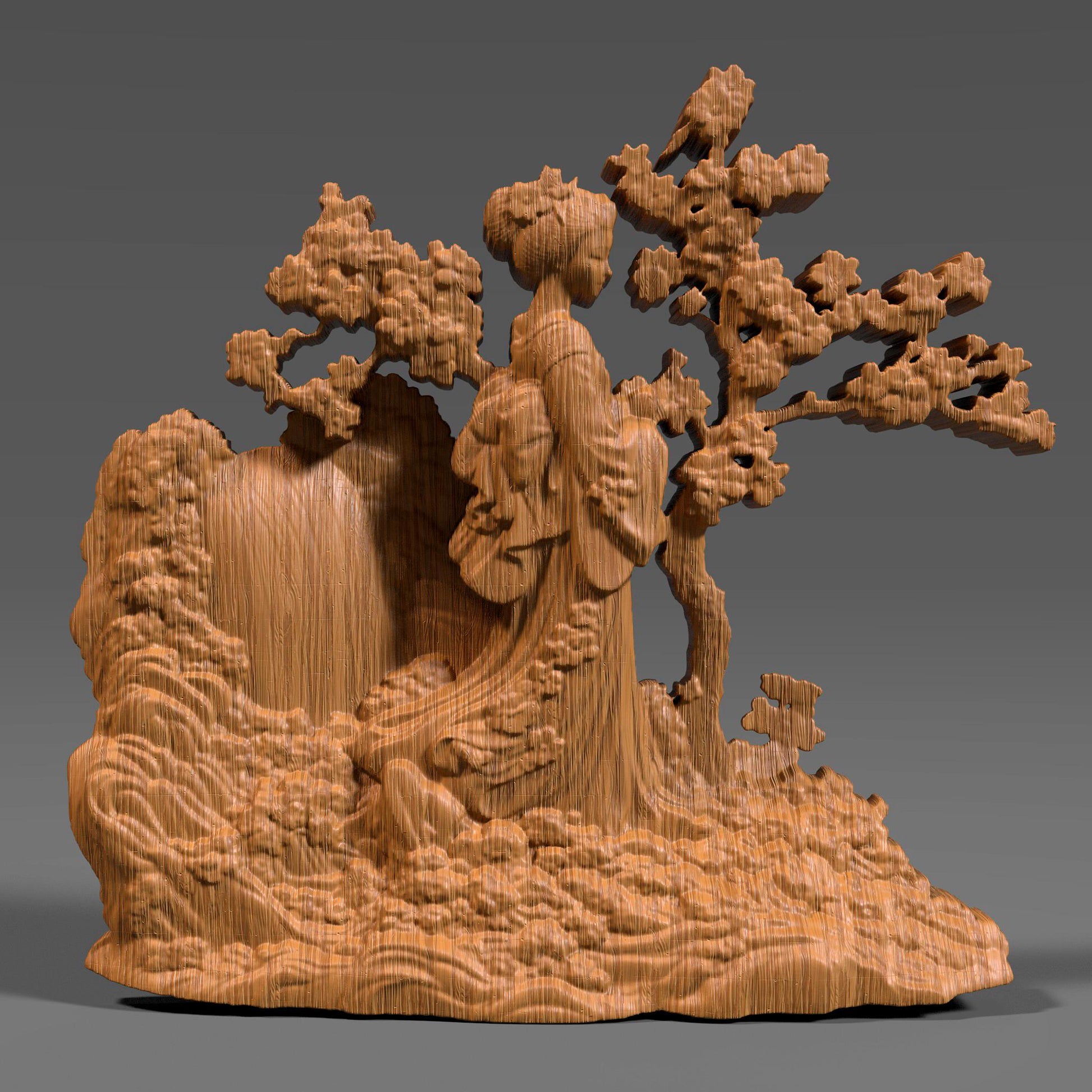 Cherry Blossom Geisha 3D STL: Japanese Wood Carving Art (Digital Download)
