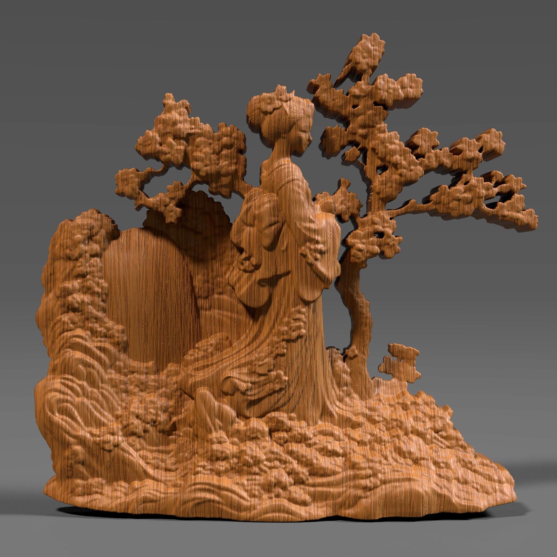 Elegant 3D wood bas relief of a Geisha standing beneath blooming cherry blossom trees near a cascading waterfall. The graceful female figure in traditional Japanese kimono is surrounded by swirling clouds and nature elements, symbolizing peace, beauty, and spring. Ideal for laser engraving, CNC carving, and wall art décor. Digital STL file for Asian-inspired decorative projects or gifts.