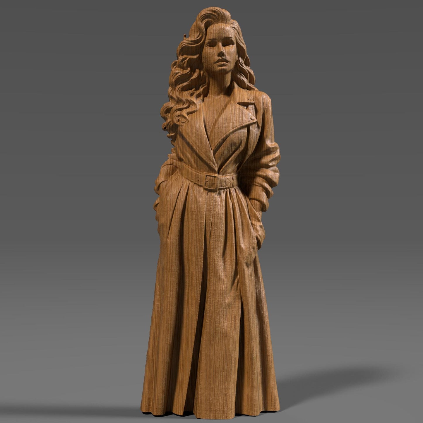 3D wood carving of an elegant woman in a belted trench coat, standing confidently with hands in pockets. Her long, wavy hair cascades over her shoulders, and her expression is bold and graceful. The bas relief sculpture captures detailed folds in the coat and realistic facial features, making it ideal for CNC wood carving, engraving, or wall art decor.
