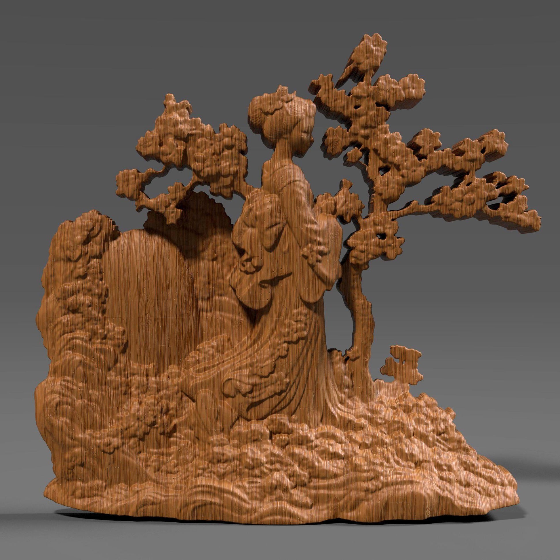 Elegant 3D wood bas relief of a Geisha standing beneath blooming cherry blossom trees near a cascading waterfall. The graceful female figure in traditional Japanese kimono is surrounded by swirling clouds and nature elements, symbolizing peace, beauty, and spring. Ideal for laser engraving, CNC carving, and wall art décor. Digital STL file for Asian-inspired decorative projects or gifts.