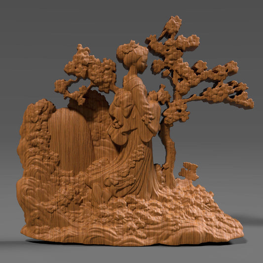 Elegant 3D wood bas relief of a Geisha standing beneath blooming cherry blossom trees near a cascading waterfall. The graceful female figure in traditional Japanese kimono is surrounded by swirling clouds and nature elements, symbolizing peace, beauty, and spring. Ideal for laser engraving, CNC carving, and wall art décor. Digital STL file for Asian-inspired decorative projects or gifts.