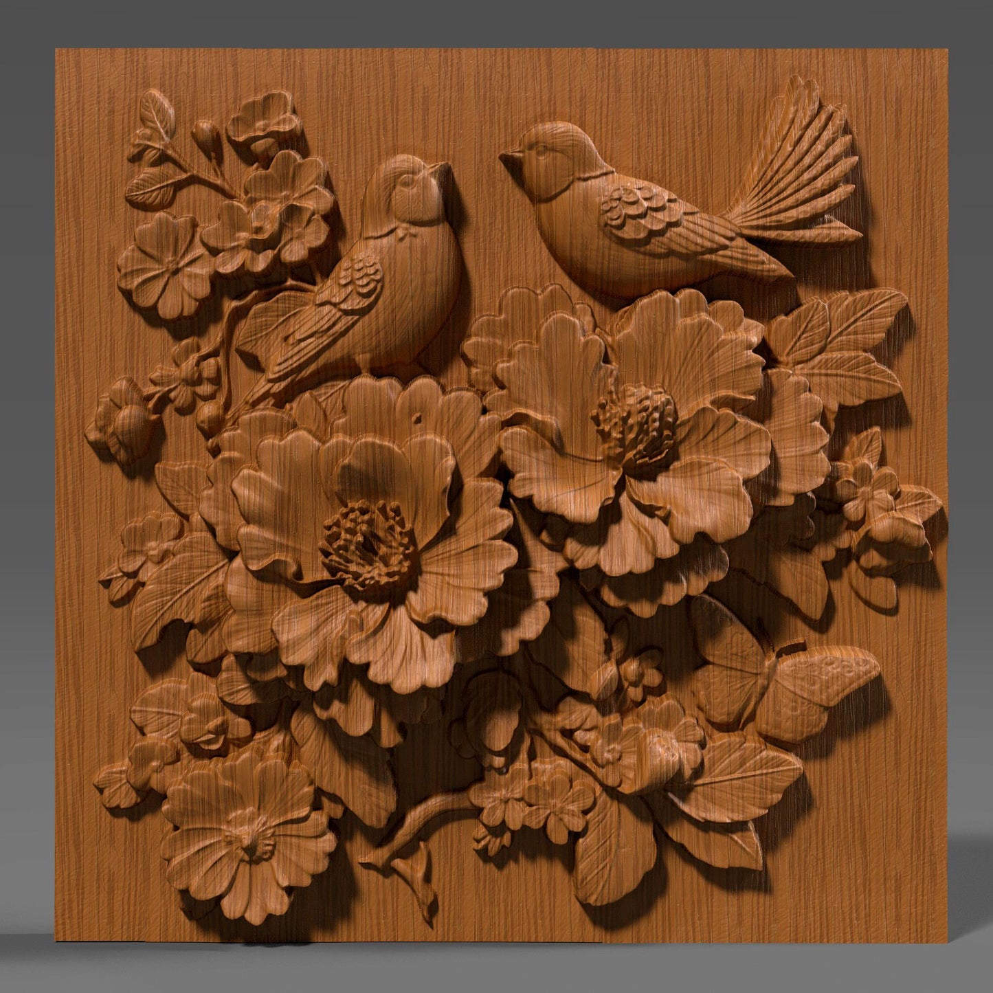 Intricate 3D bas relief of two birds resting among blooming cherry blossom flowers, surrounded by detailed leaves and a butterfly, all enclosed in a smooth oval frame. Designed for CNC wood carving, laser engraving, and digital download for nature-inspired home decor