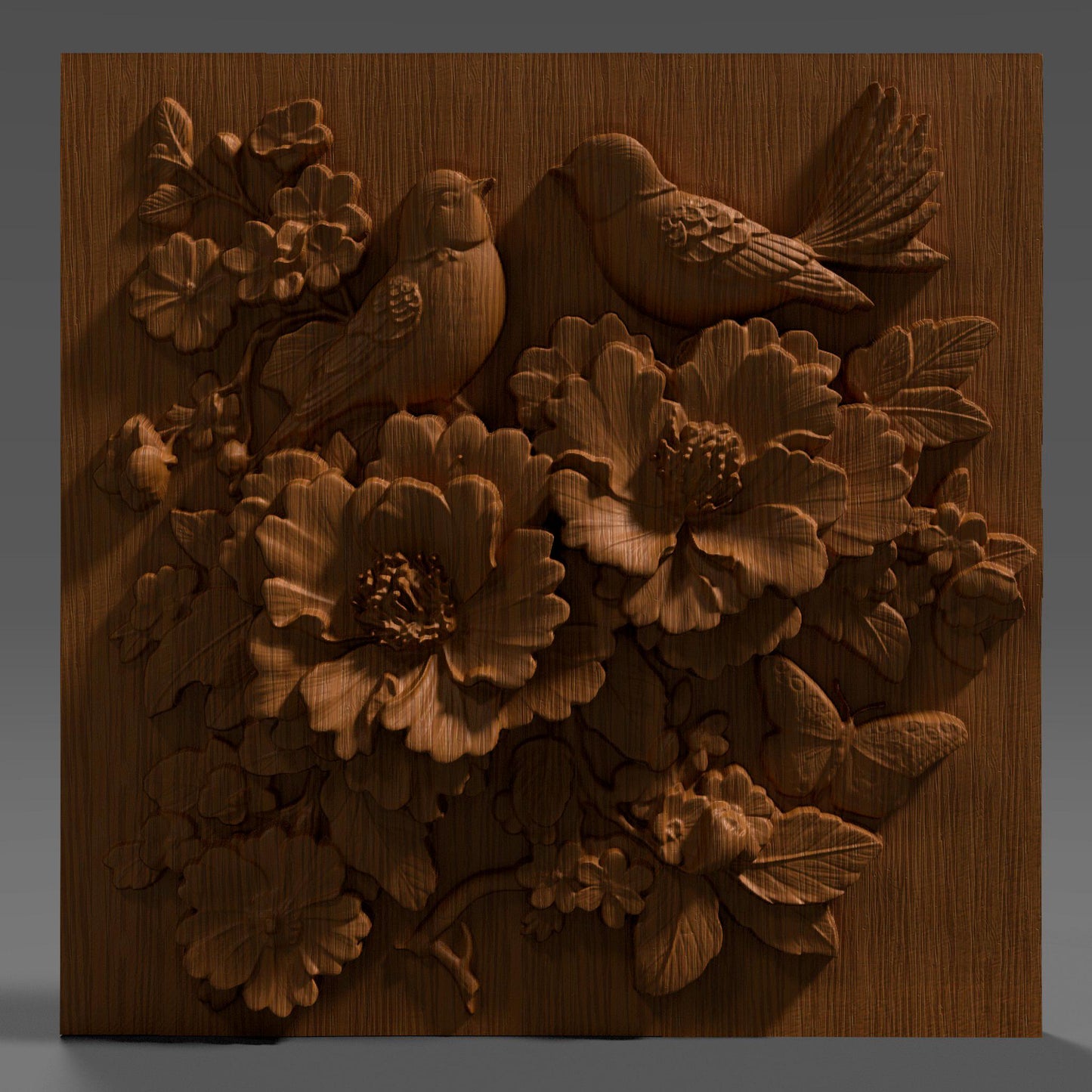 Cherry Blossom Birds 3D Relief: Floral CNC Carving STL (Digital Download)