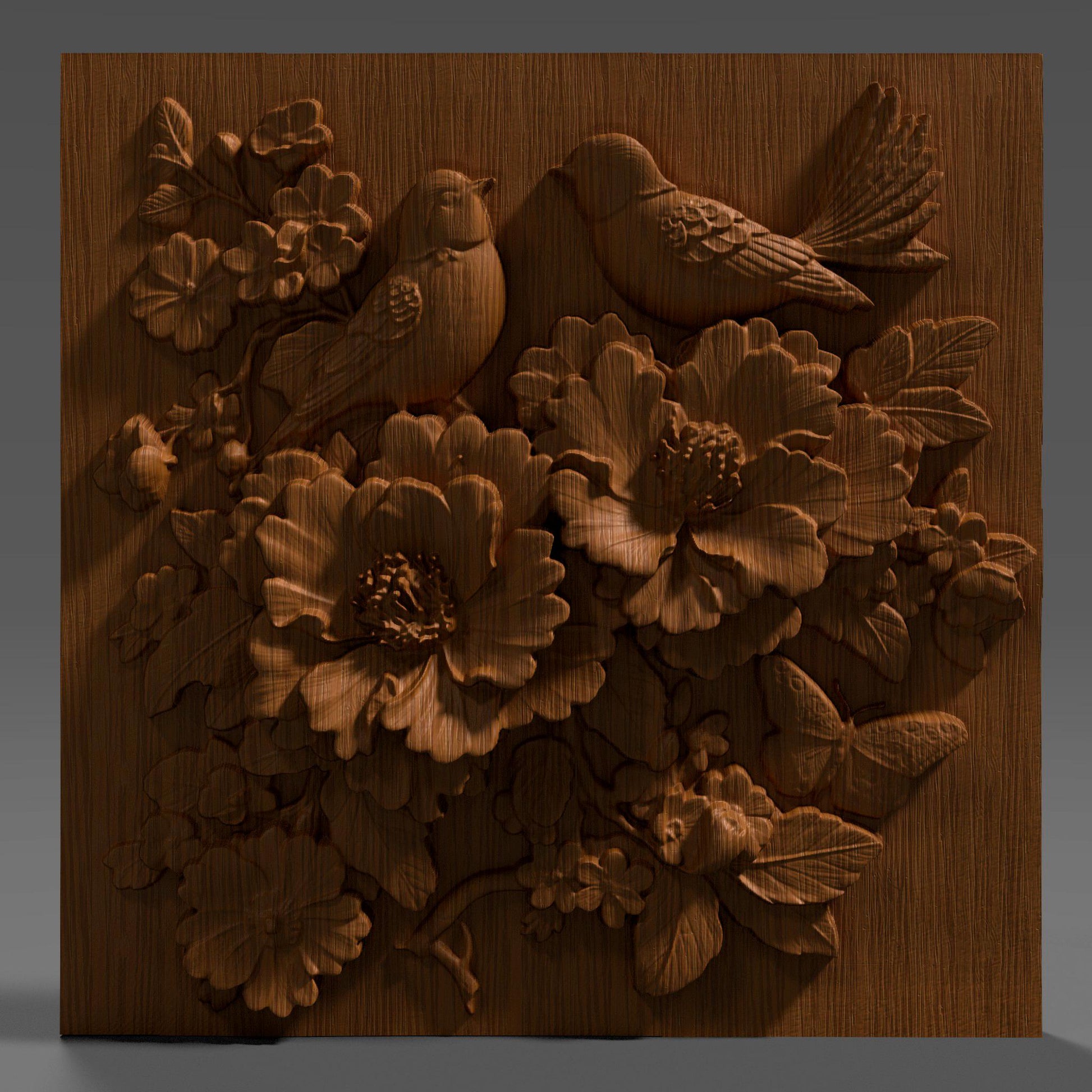 Cherry Blossom Birds 3D Relief: Floral CNC Carving STL (Digital Download)