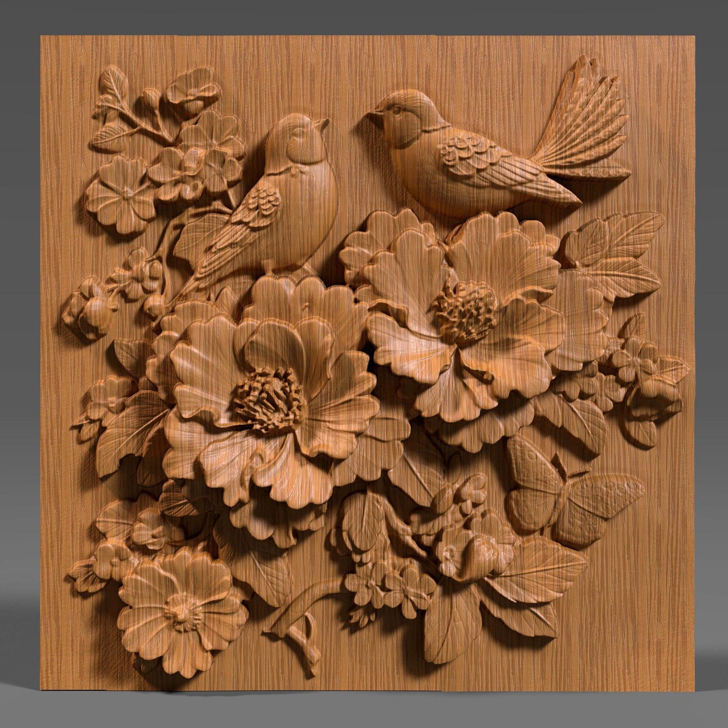 Intricate 3D bas relief of two birds resting among blooming cherry blossom flowers, surrounded by detailed leaves and a butterfly, all enclosed in a smooth oval frame. Designed for CNC wood carving, laser engraving, and digital download for nature-inspired home decor