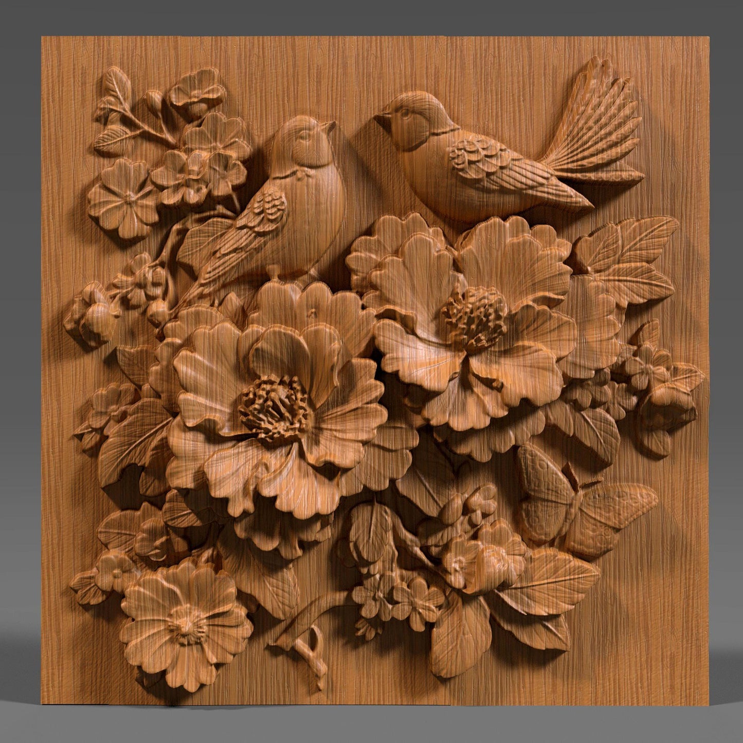 Intricate 3D bas relief of two birds resting among blooming cherry blossom flowers, surrounded by detailed leaves and a butterfly, all enclosed in a smooth oval frame. Designed for CNC wood carving, laser engraving, and digital download for nature-inspired home decor