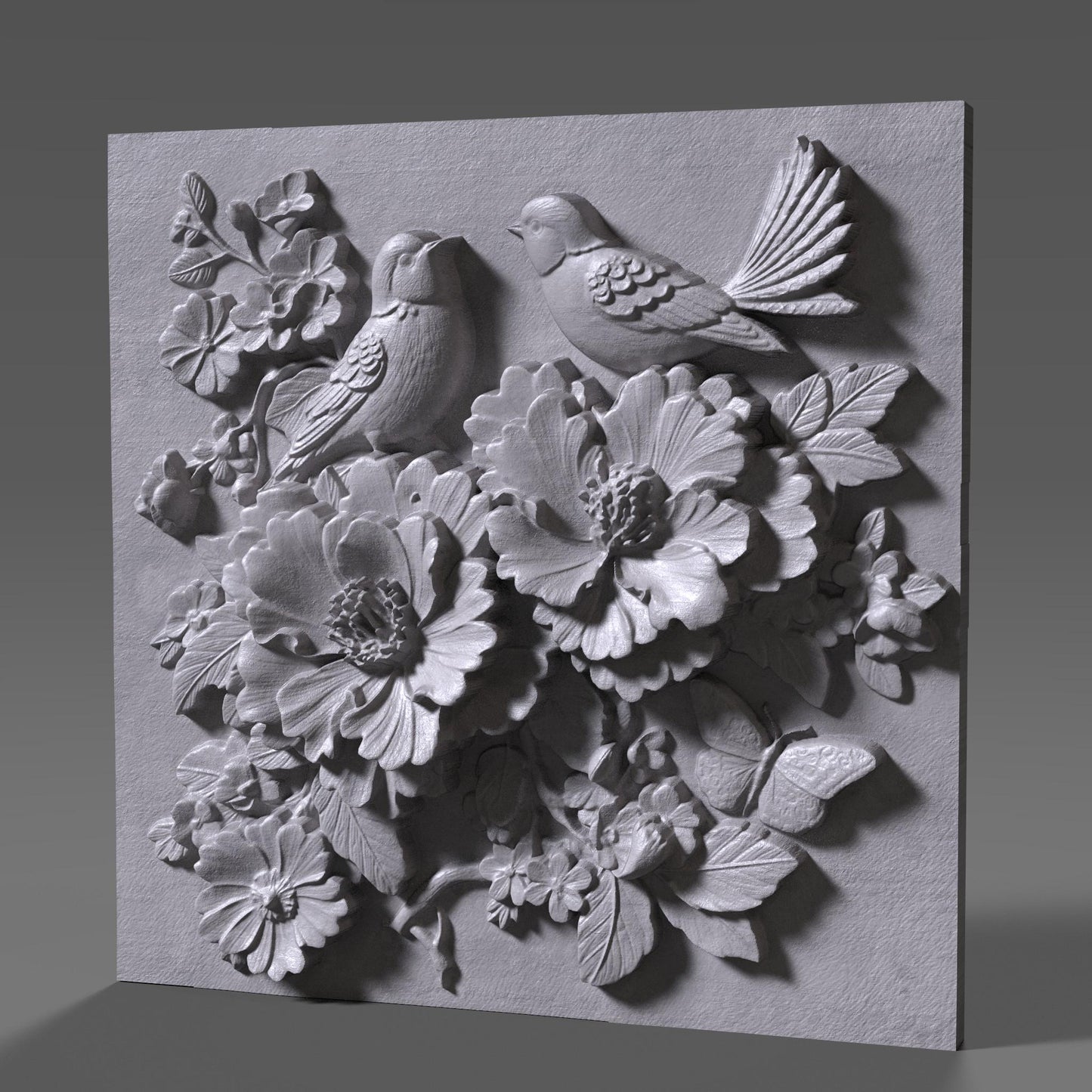 Cherry Blossom Birds 3D Relief: Floral CNC Carving STL (Digital Download)