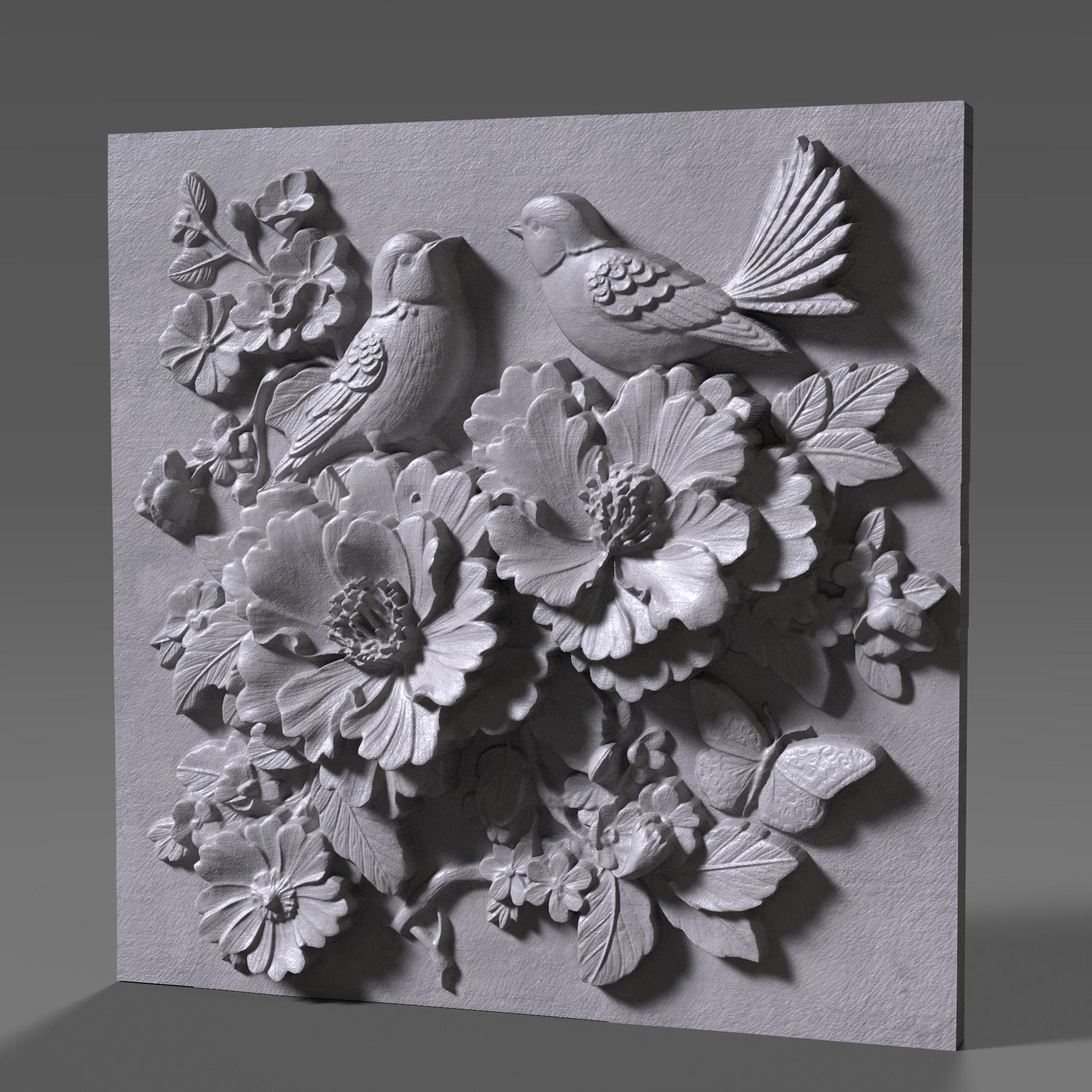Cherry Blossom Birds 3D Relief: Floral CNC Carving STL (Digital Download)