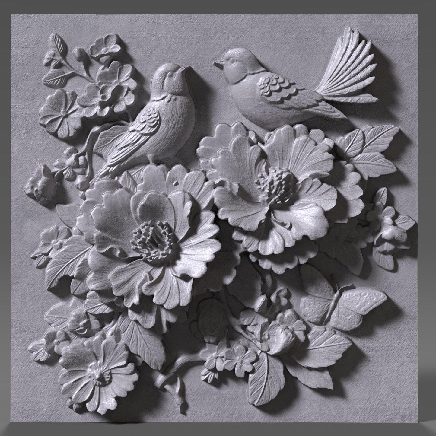 Cherry Blossom Birds 3D Relief: Floral CNC Carving STL (Digital Download)