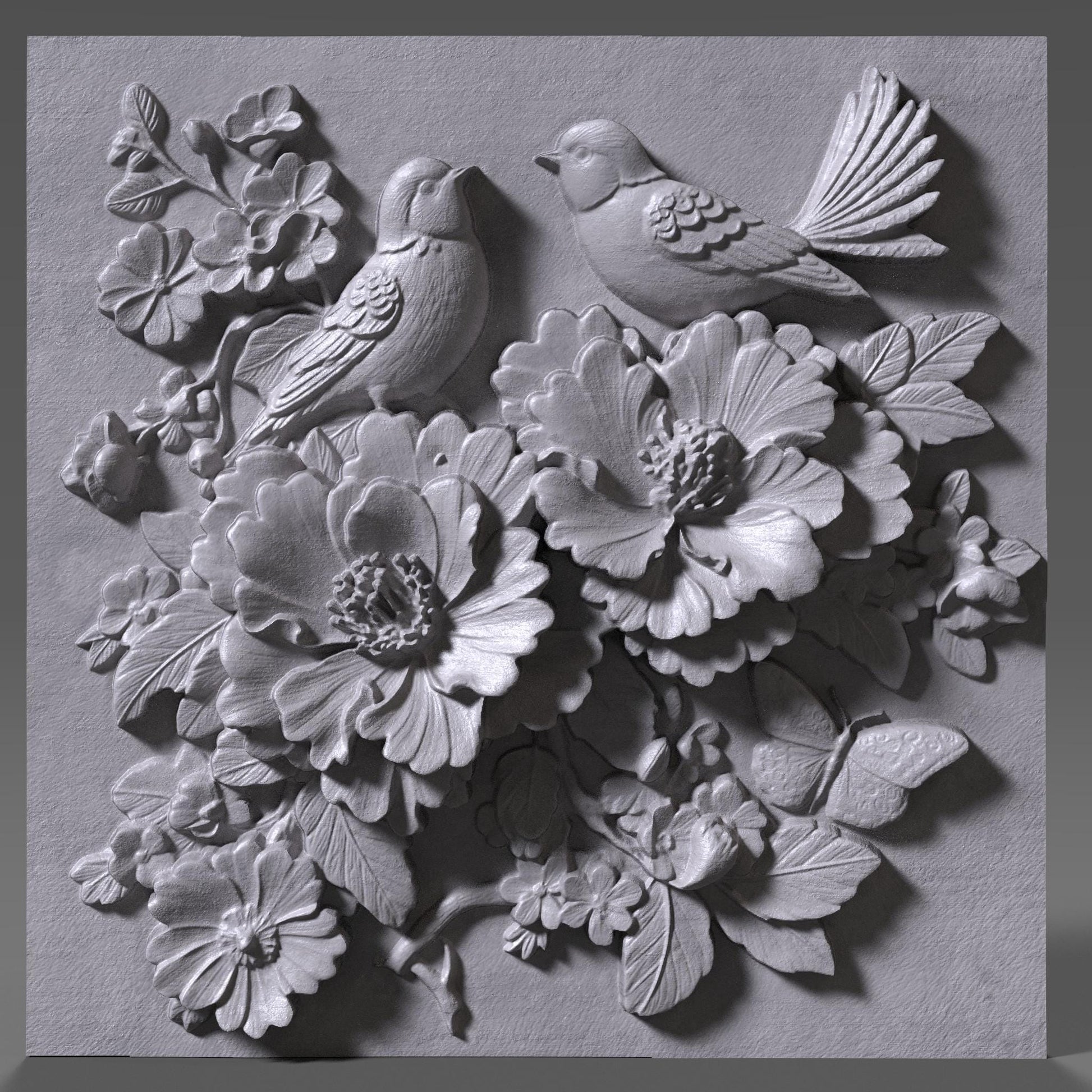 Cherry Blossom Birds 3D Relief: Floral CNC Carving STL (Digital Download)