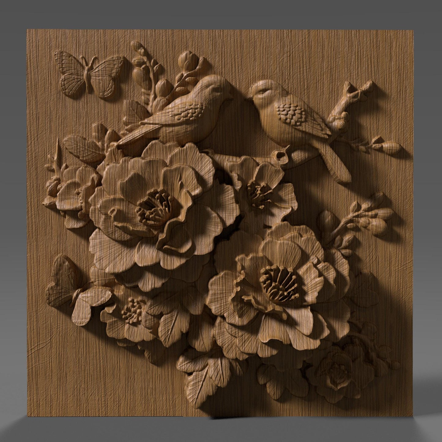 Intricate 3D bas relief of two birds resting among blooming cherry blossom flowers, surrounded by detailed leaves and a butterfly, all enclosed in a smooth oval frame. Designed for CNC wood carving, laser engraving, and digital download for nature-inspired home decor