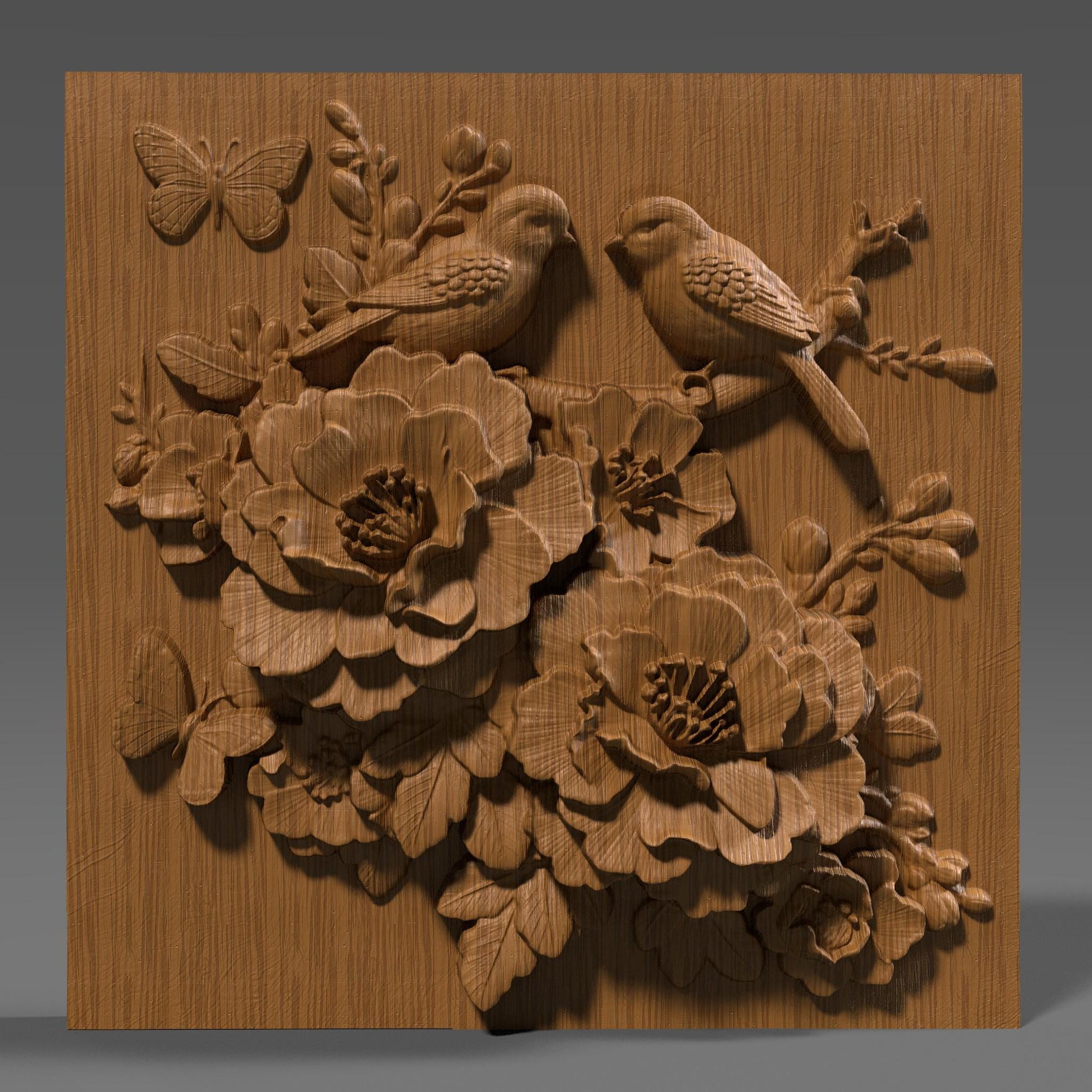 Intricate 3D bas relief of two birds resting among blooming cherry blossom flowers, surrounded by detailed leaves and a butterfly, all enclosed in a smooth oval frame. Designed for CNC wood carving, laser engraving, and digital download for nature-inspired home decor