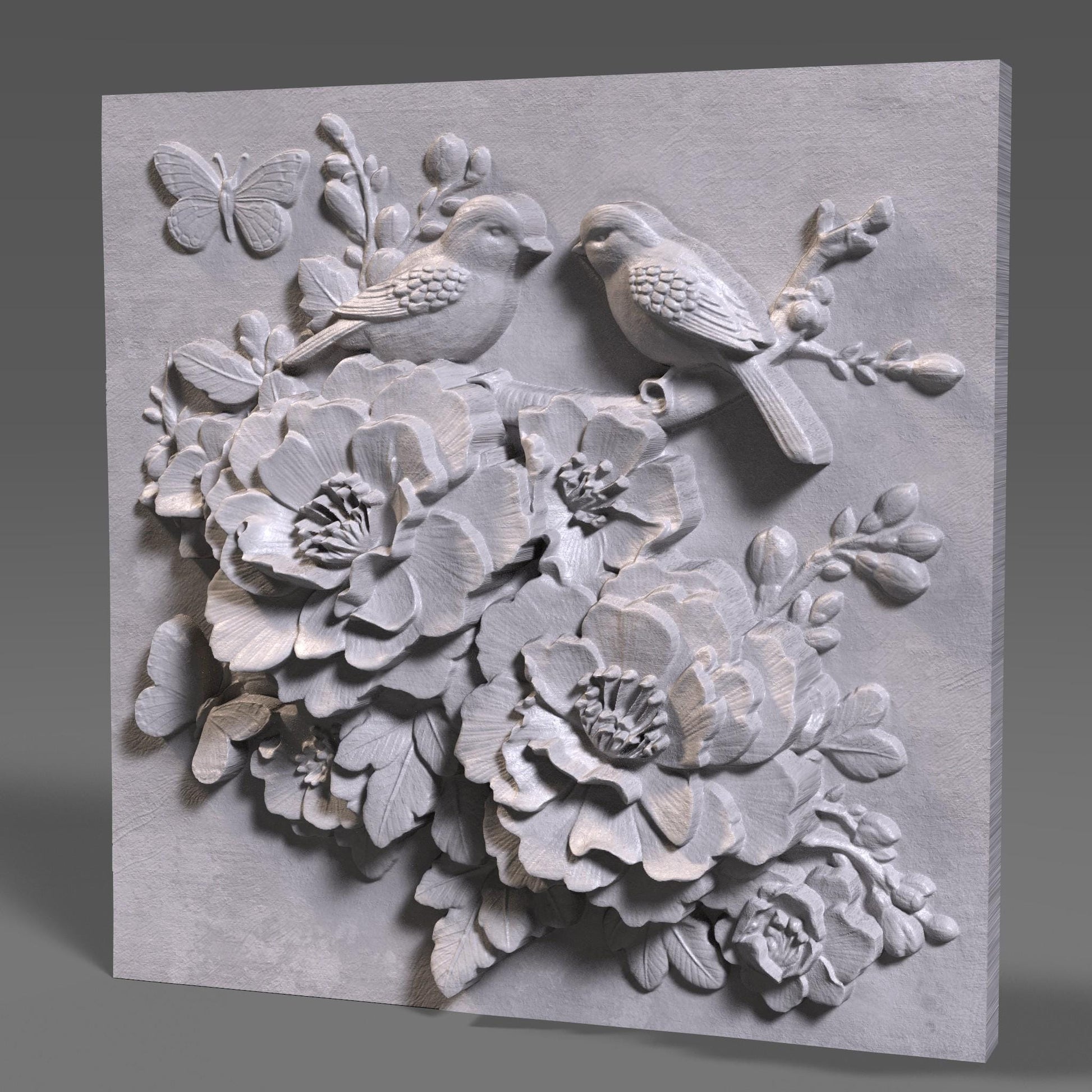 Cherry Blossom Birds 3D Relief Model: Floral Wall Art (STL File)