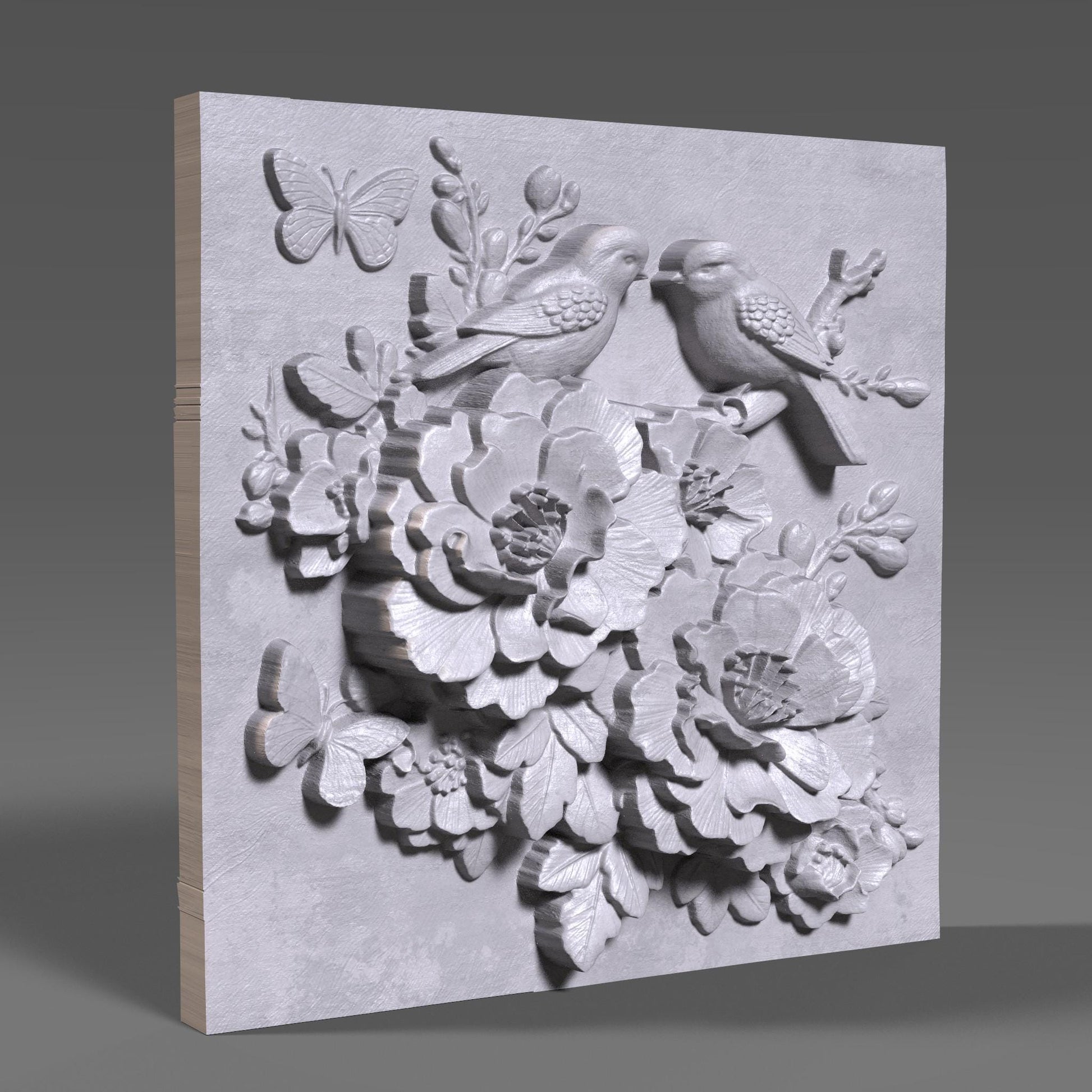 Cherry Blossom Birds 3D Relief Model: Floral Wall Art (STL File)