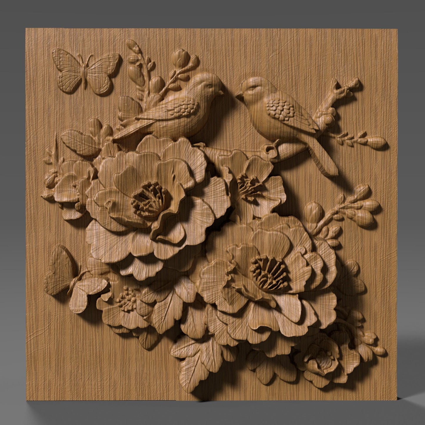 Cherry Blossom Birds 3D Relief Model: Floral Wall Art (STL File)