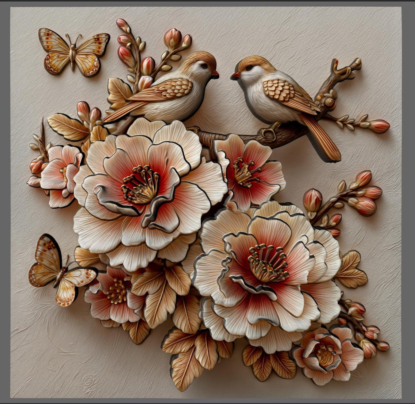 Intricate 3D bas relief of two birds resting among blooming cherry blossom flowers, surrounded by detailed leaves and a butterfly, all enclosed in a smooth oval frame. Designed for CNC wood carving, laser engraving, and digital download for nature-inspired home decor