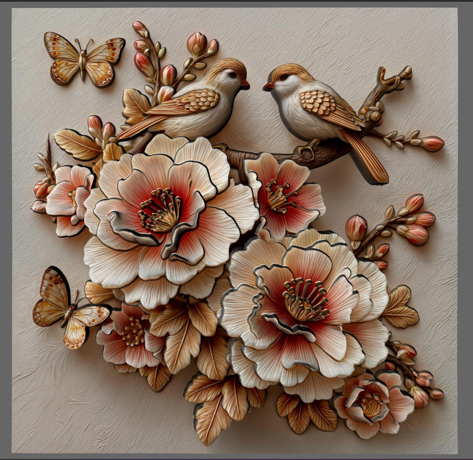 Intricate 3D bas relief of two birds resting among blooming cherry blossom flowers, surrounded by detailed leaves and a butterfly, all enclosed in a smooth oval frame. Designed for CNC wood carving, laser engraving, and digital download for nature-inspired home decor