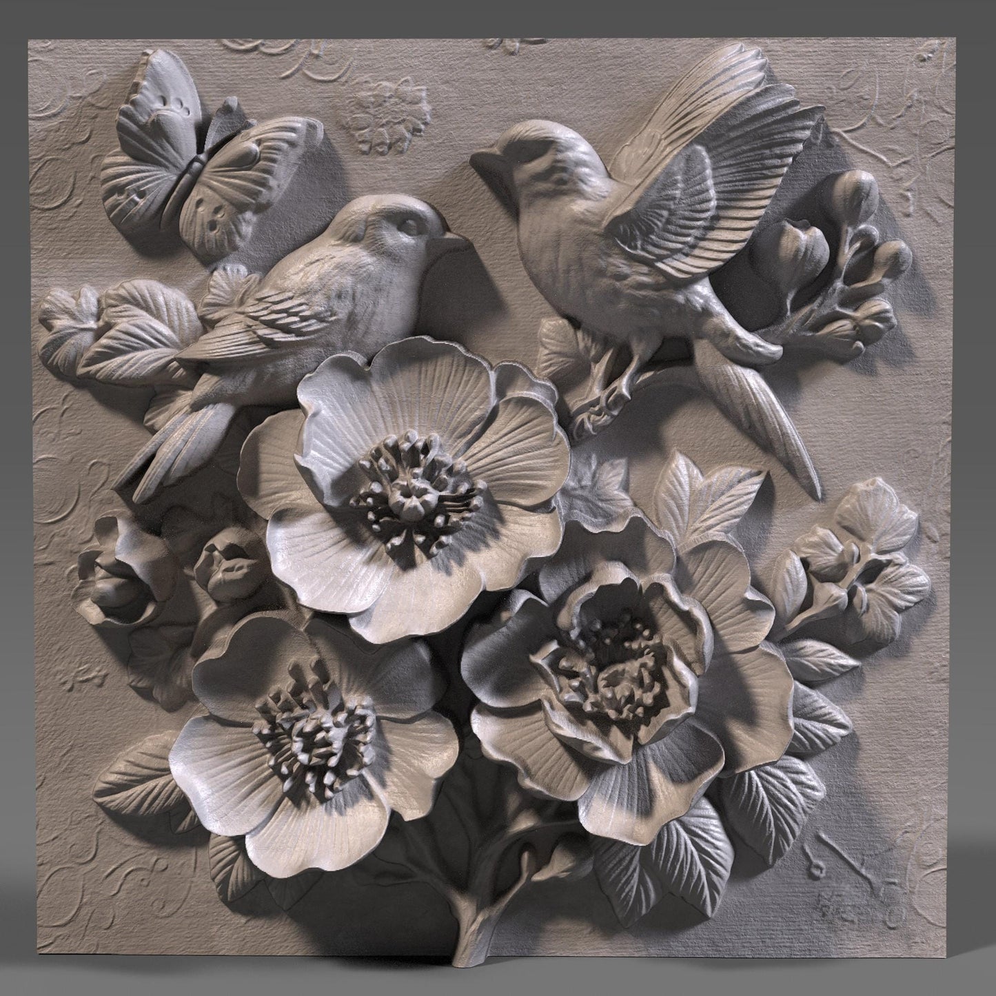 Cherry Blossom Birds 3D Relief STL File: Floral CNC Carving (Digital Download)