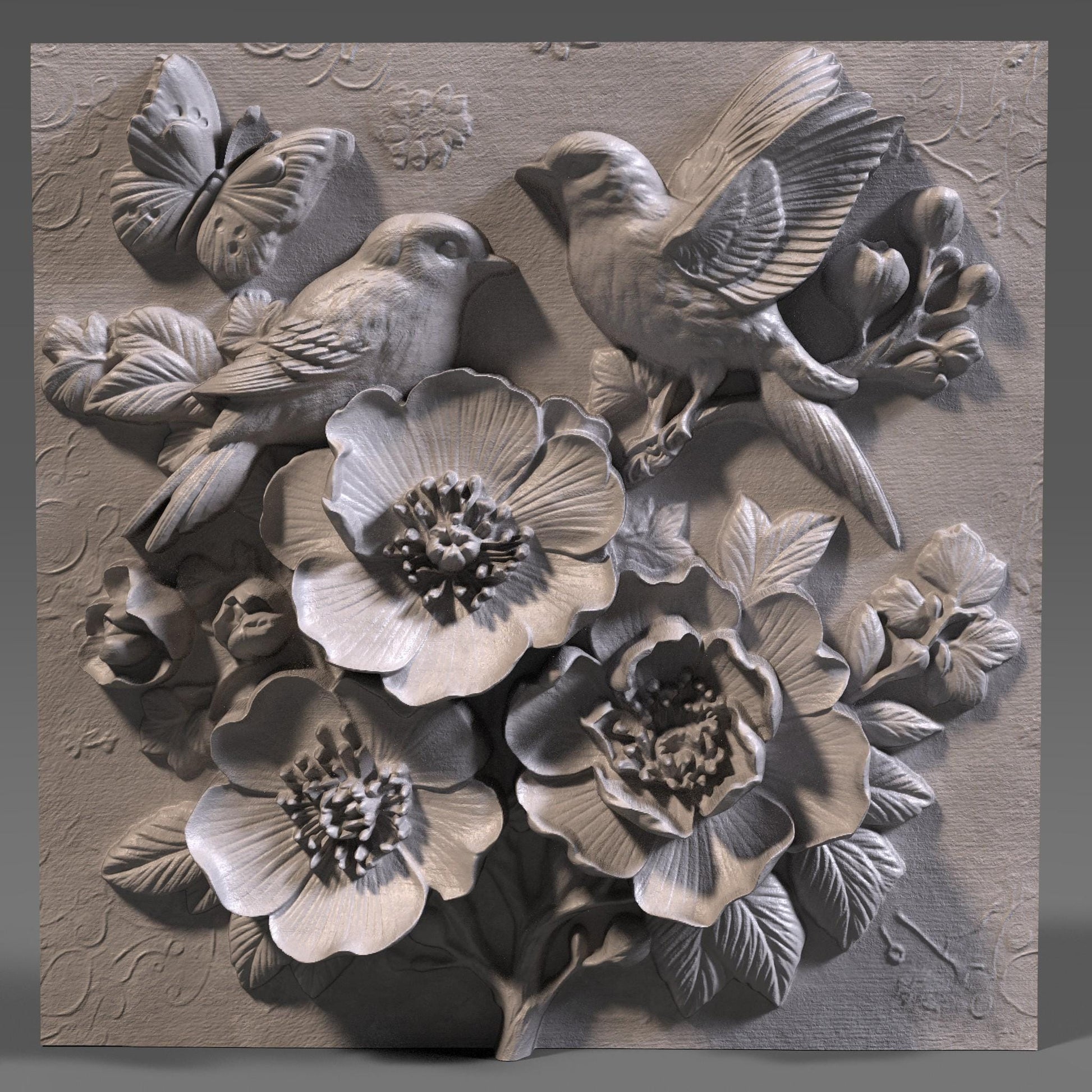 Cherry Blossom Birds 3D Relief STL File: Floral CNC Carving (Digital Download)